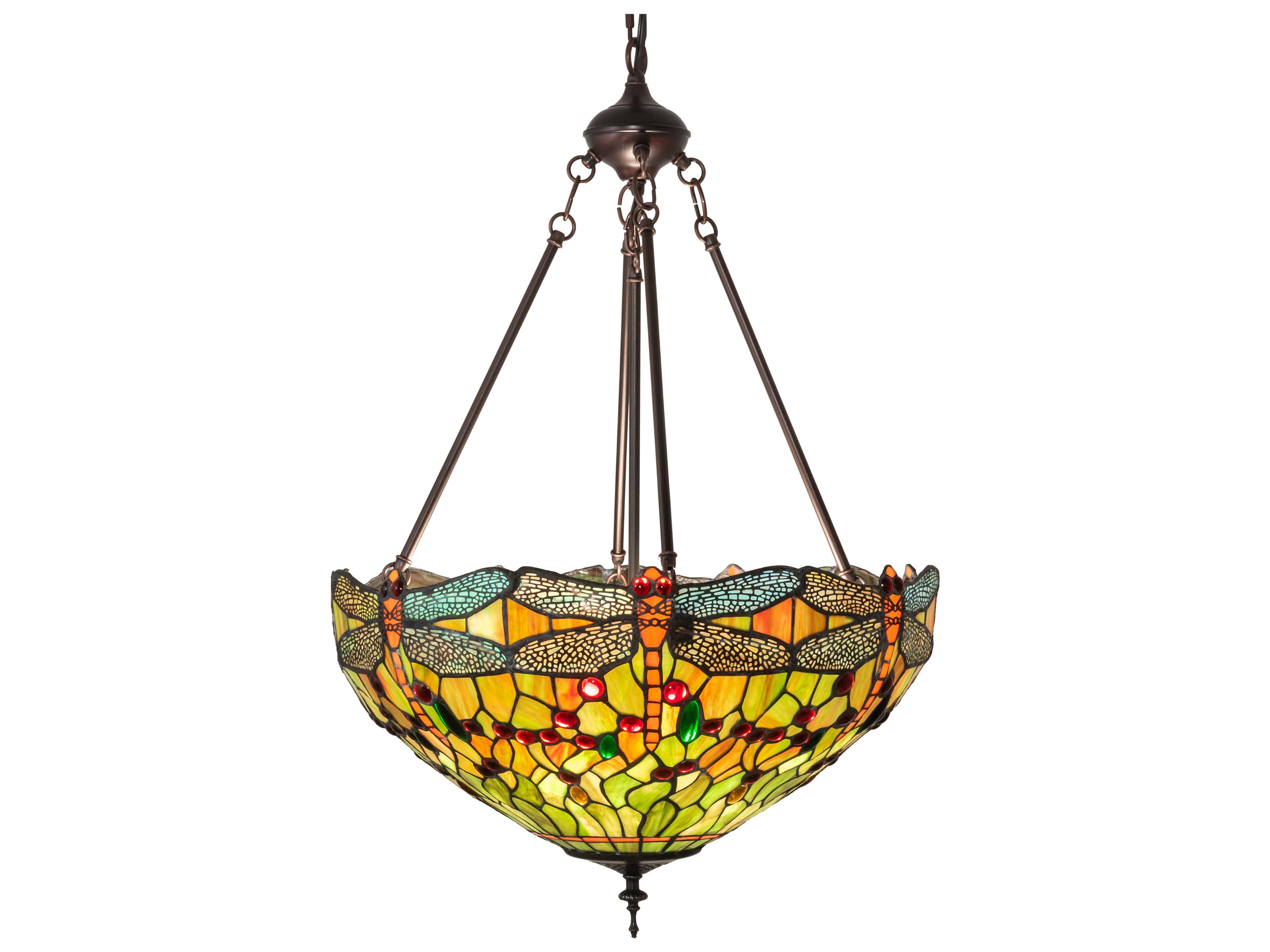 Meyda Tiffany Hanginghead Dragonfly 3-Light Mahogany Bronze Brass Glass Pendant