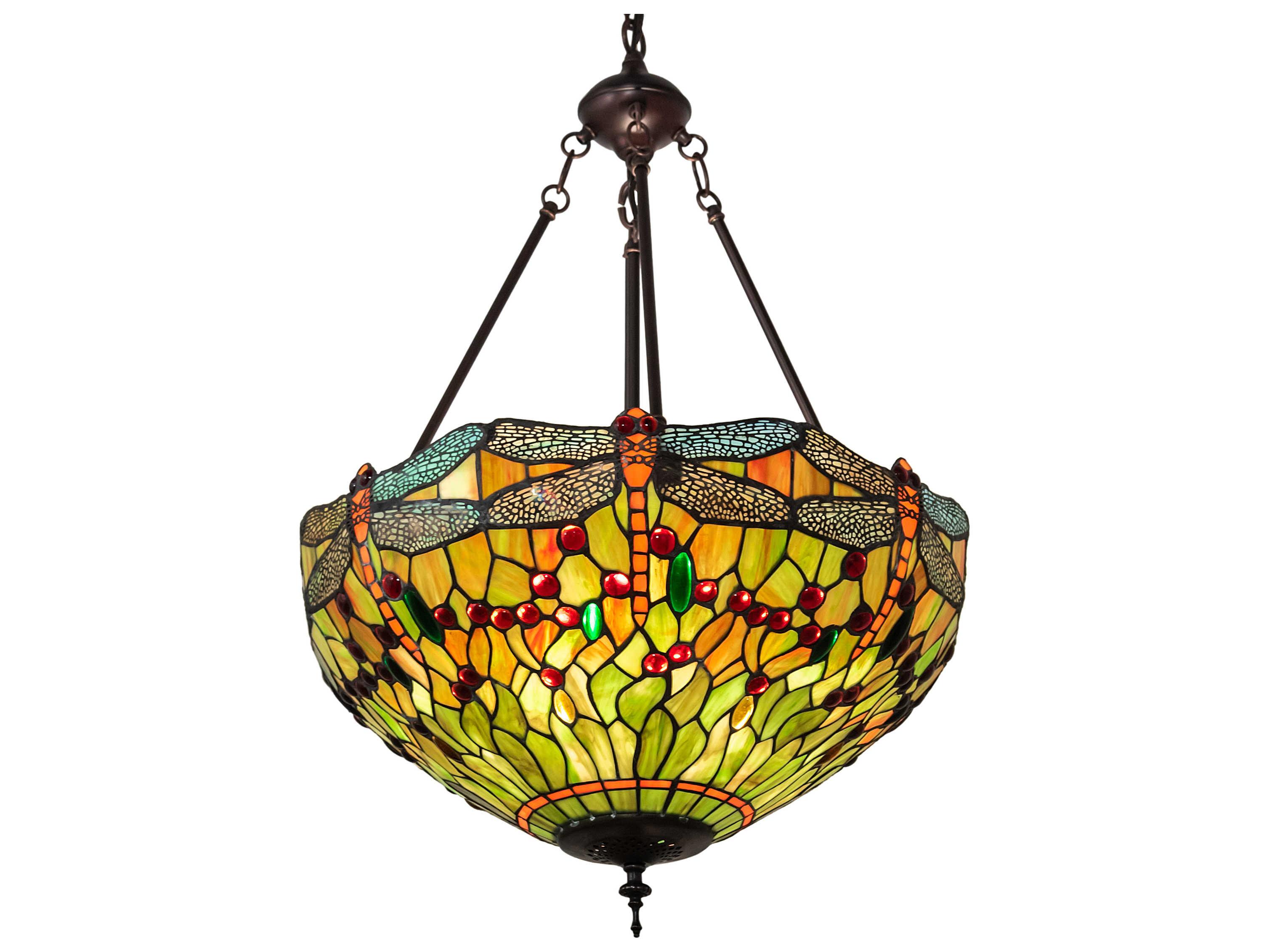 Meyda Tiffany Hanginghead Dragonfly 3-Light Mahogany Bronze Brass Glass Pendant