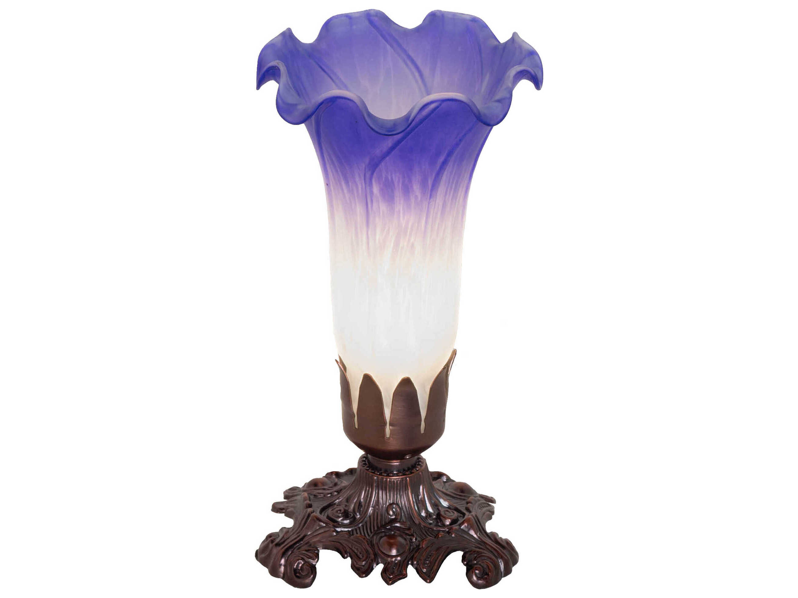 Meyda Pond Lily Mahogany Bronze Glass Table Lamp with Blue White Shade