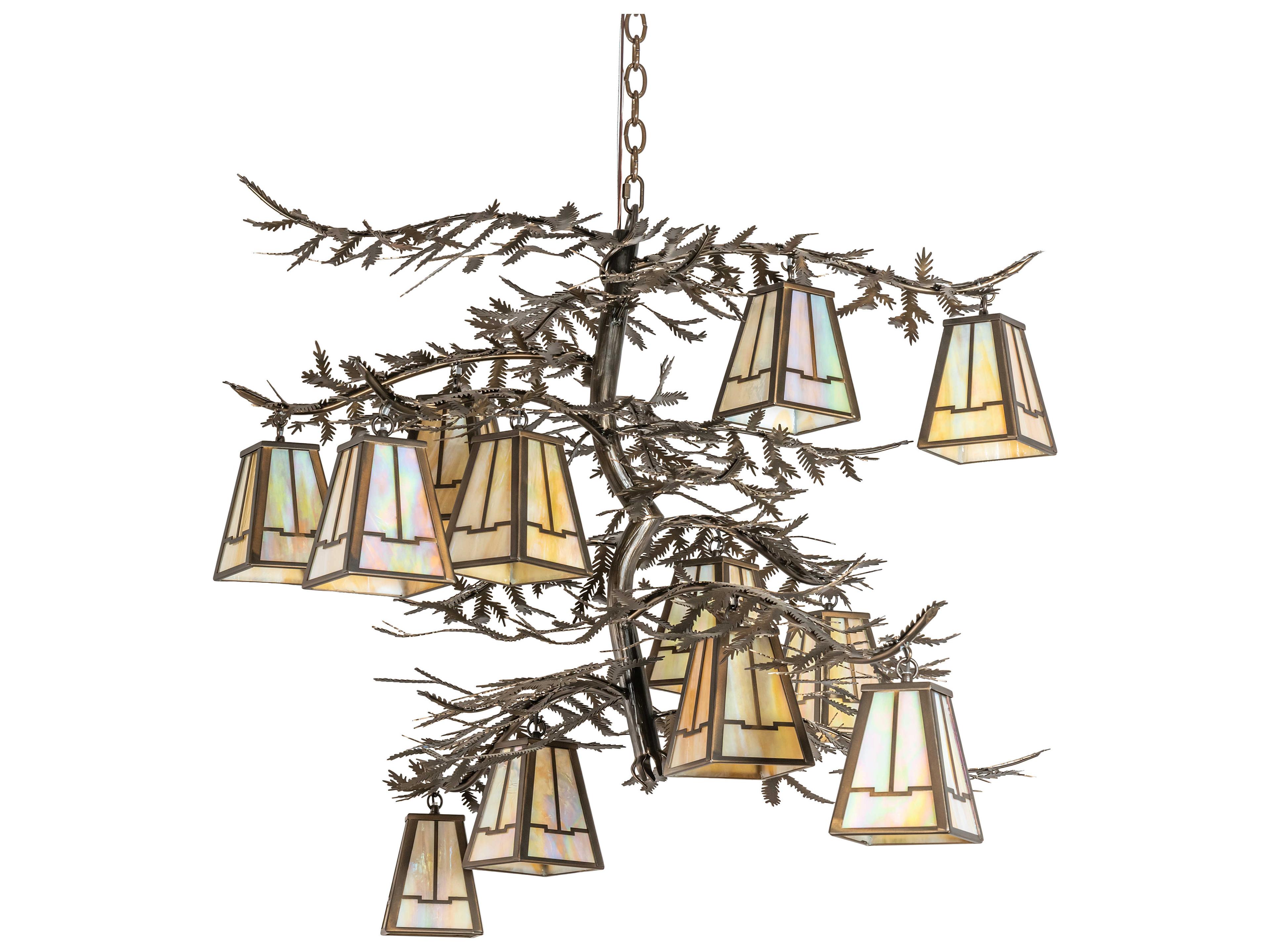 Meyda Pine Branch Valley View 12-Light Antique Copper Glass Lantern Chandelier
