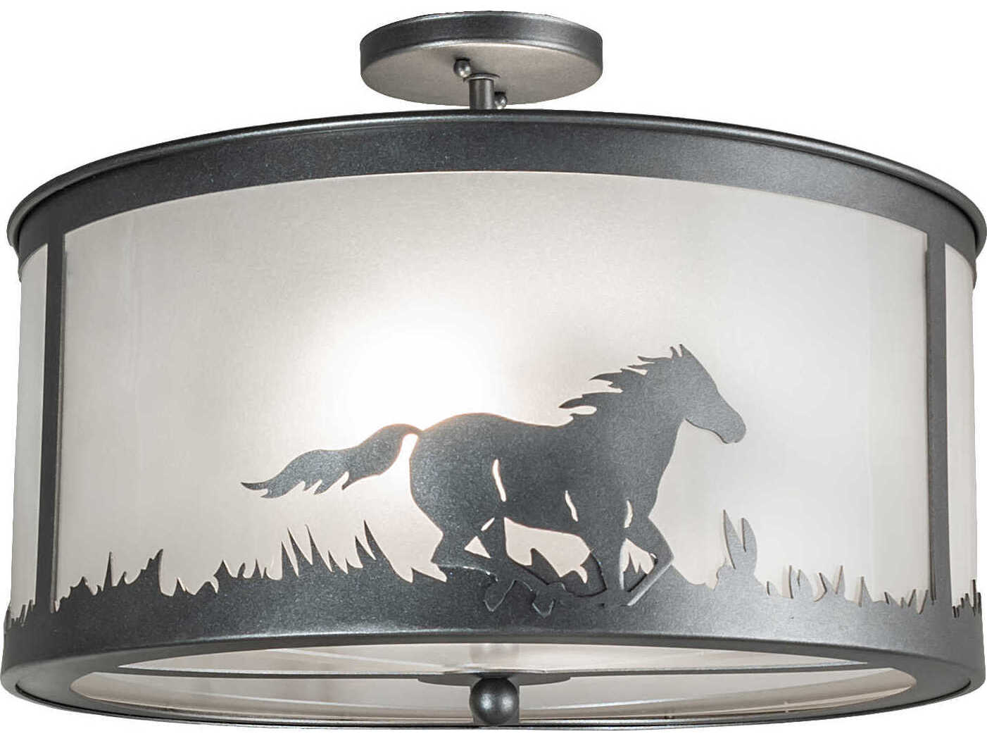 Meyda Running Horse 2-Light Silver Glass Drum Semi Flush Mount