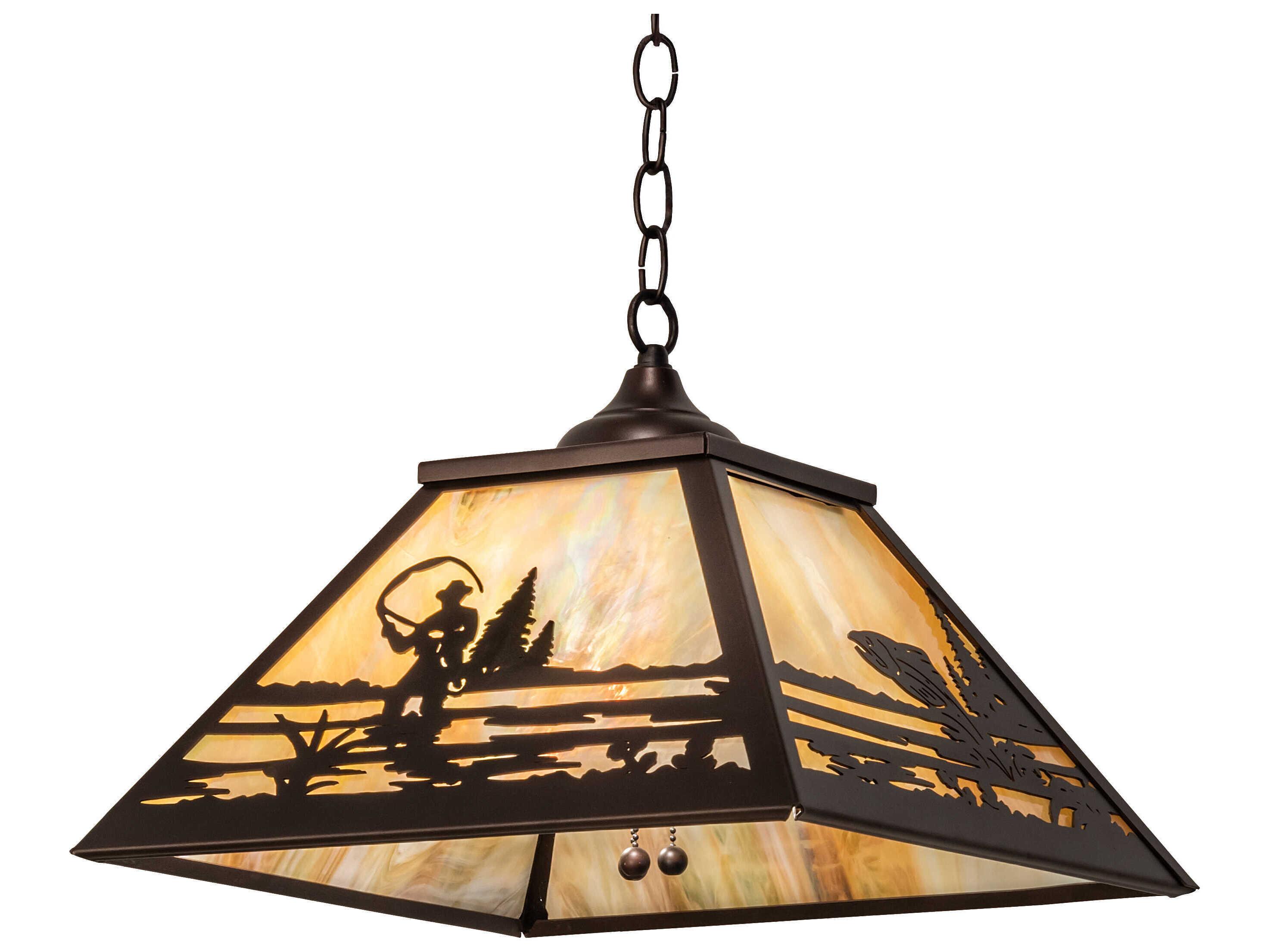 Meyda Fly Fisherman 3-Light Mahogany Bronze Glass Pendant