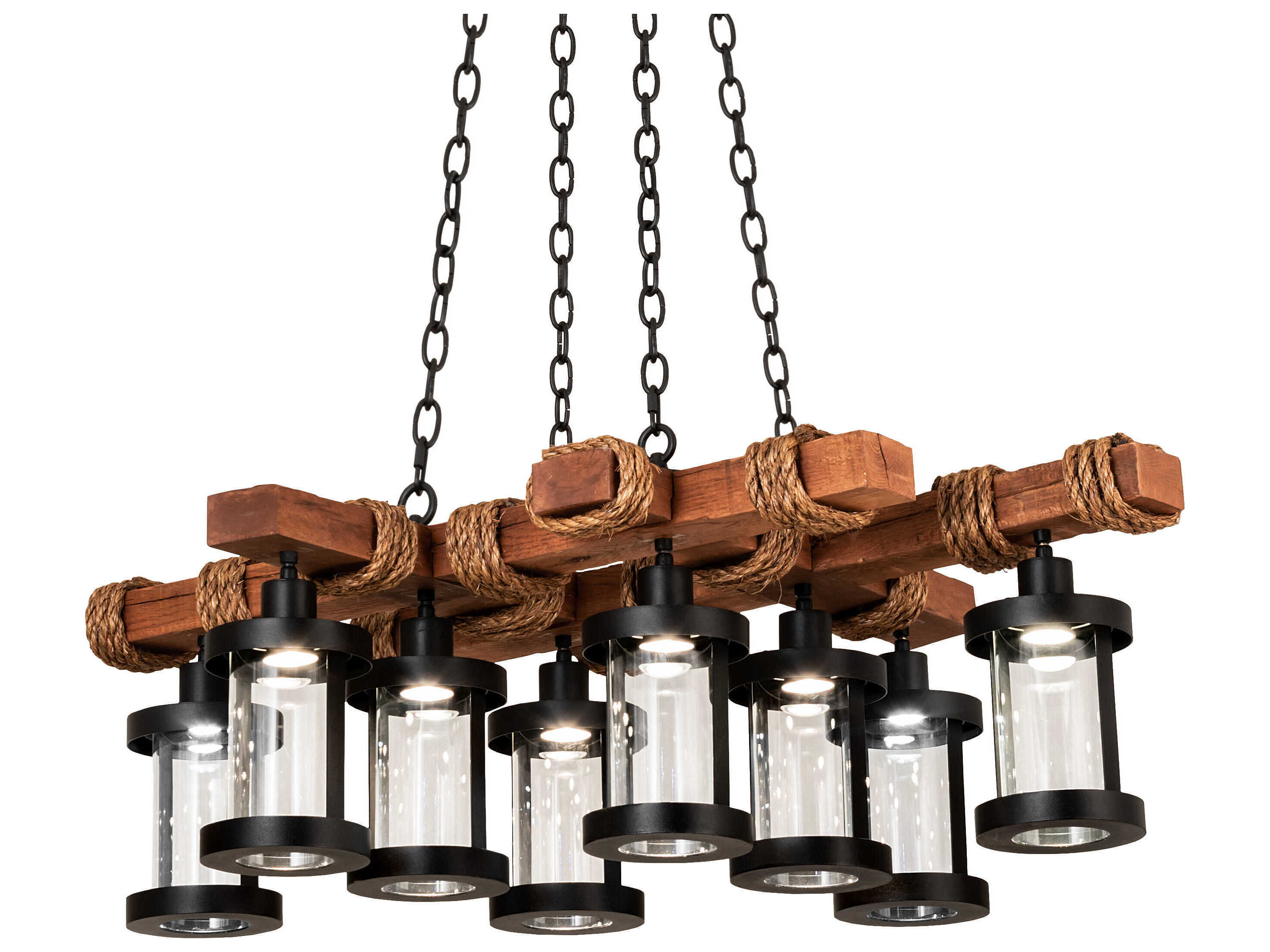 Meyda Wood Beam 8-Light Black Glass Cylinder Lantern Island Pendant