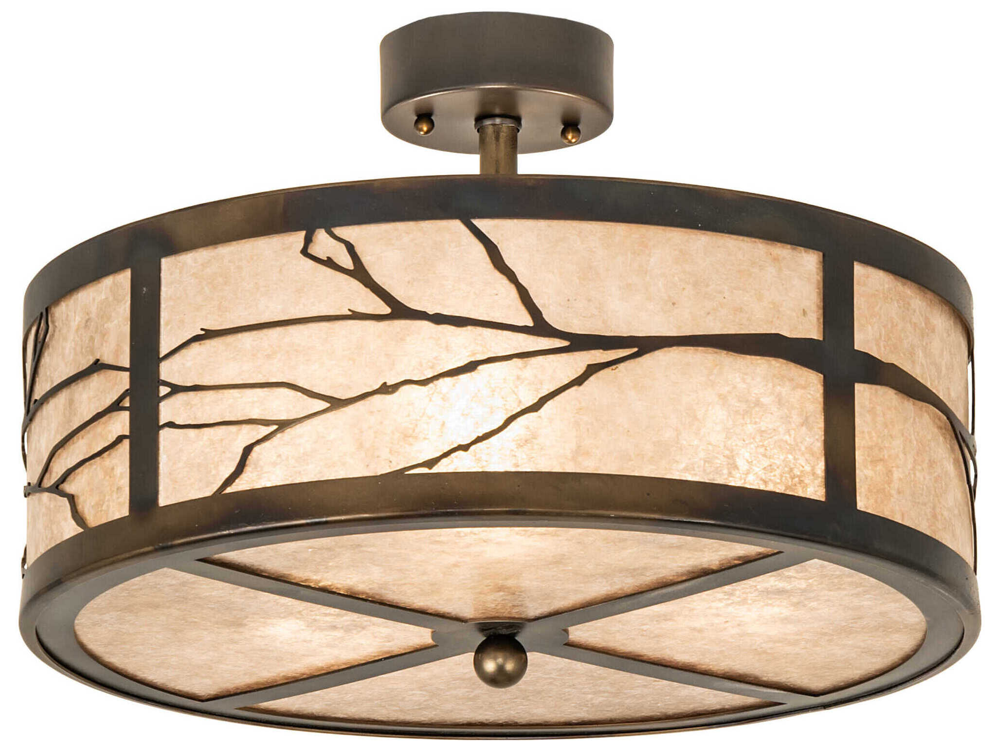 Meyda Branches 3-Light Antique Copper Glass Drum Semi Flush Mount