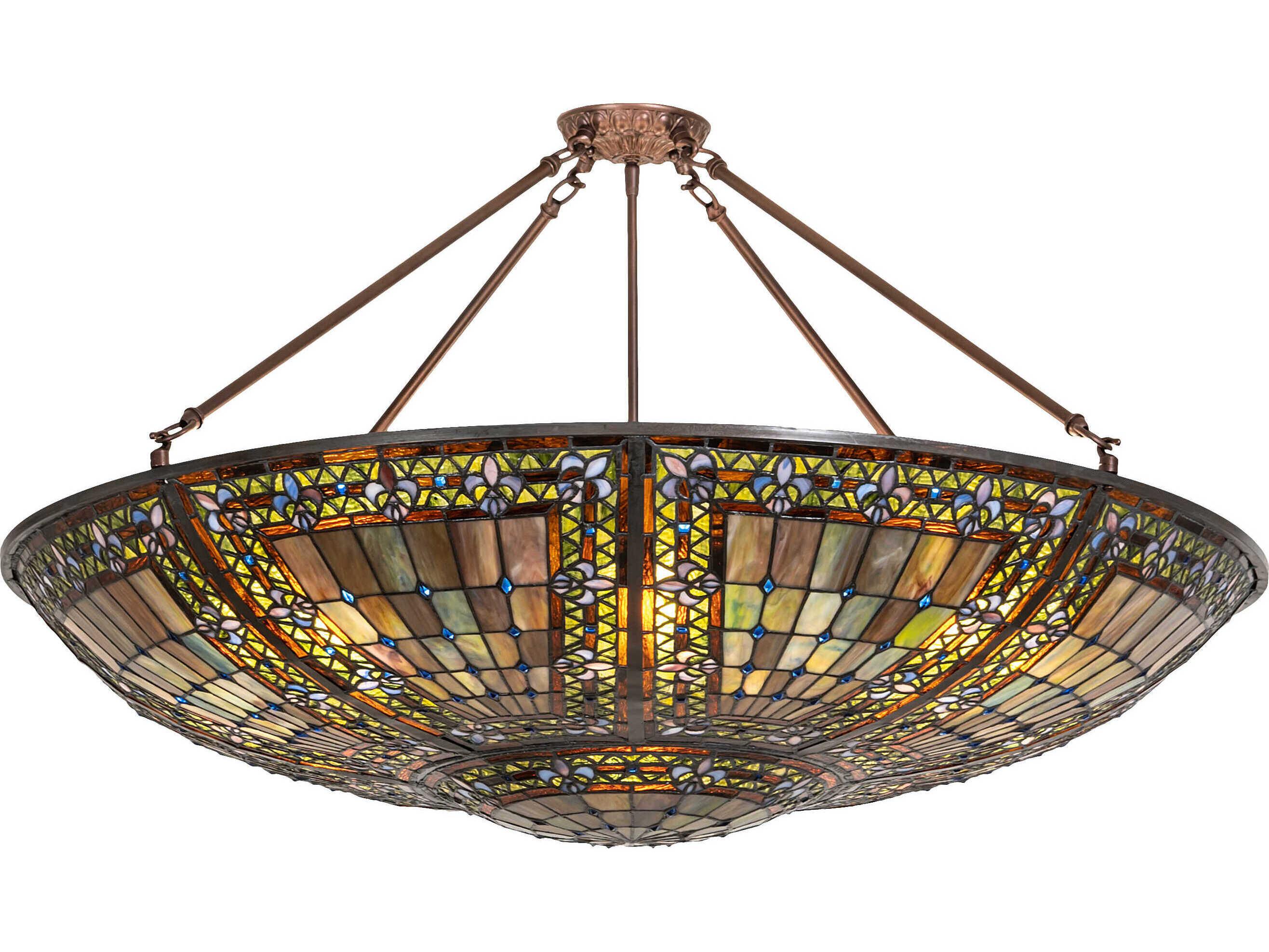 Meyda Fleur-de-lis 8-Light Mahogany Bronze Blue Glass Tiffany Bowl Semi Flush Mount