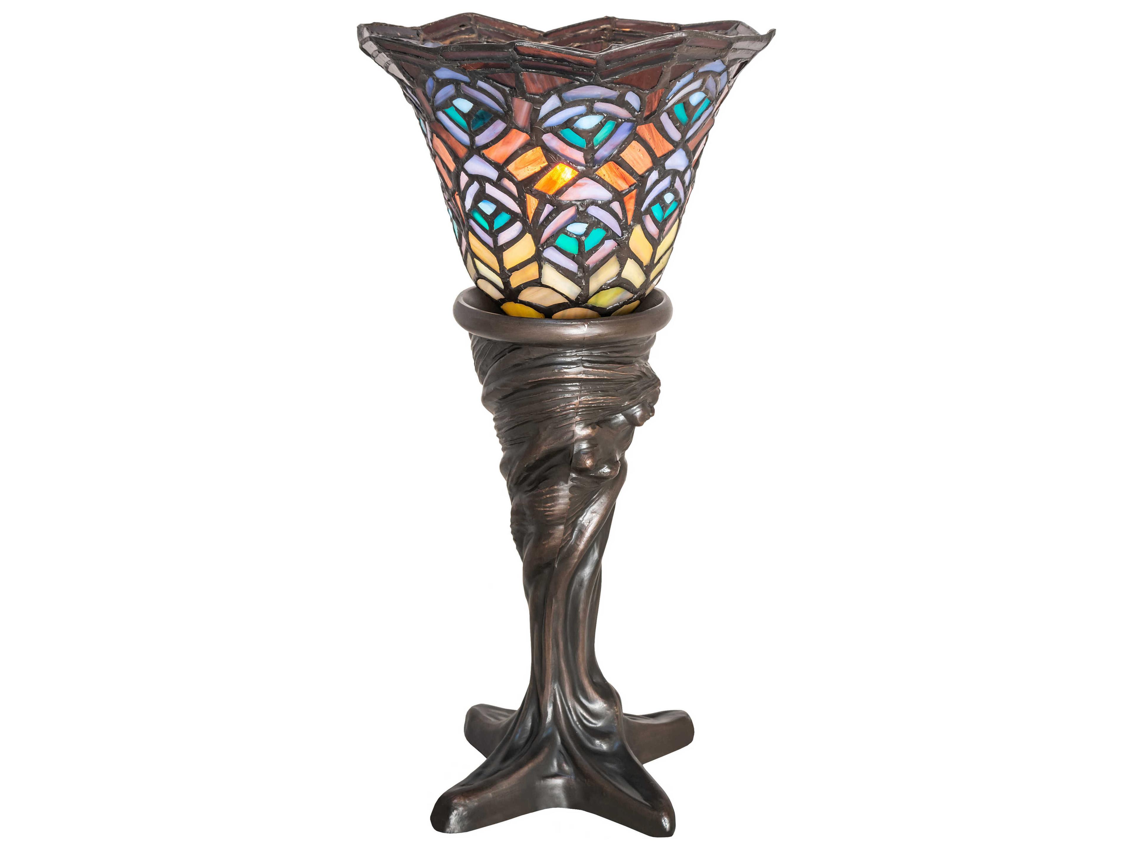 Meyda Tiffany Peacock Feather Mahogany Bronze Glass Table Lamp