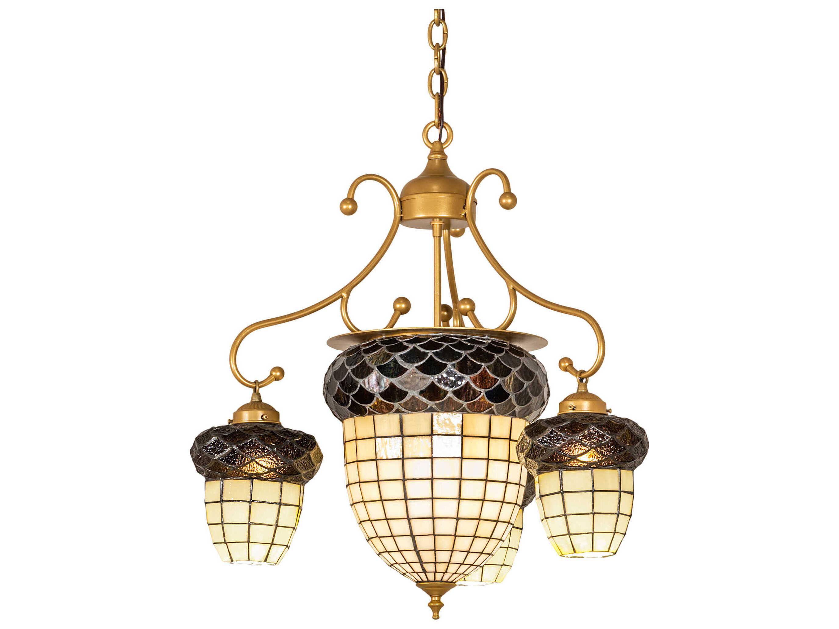 Meyda Acorn 2 3-Light Chocolate Beige Gold Brown Glass Tiffany Chandelier