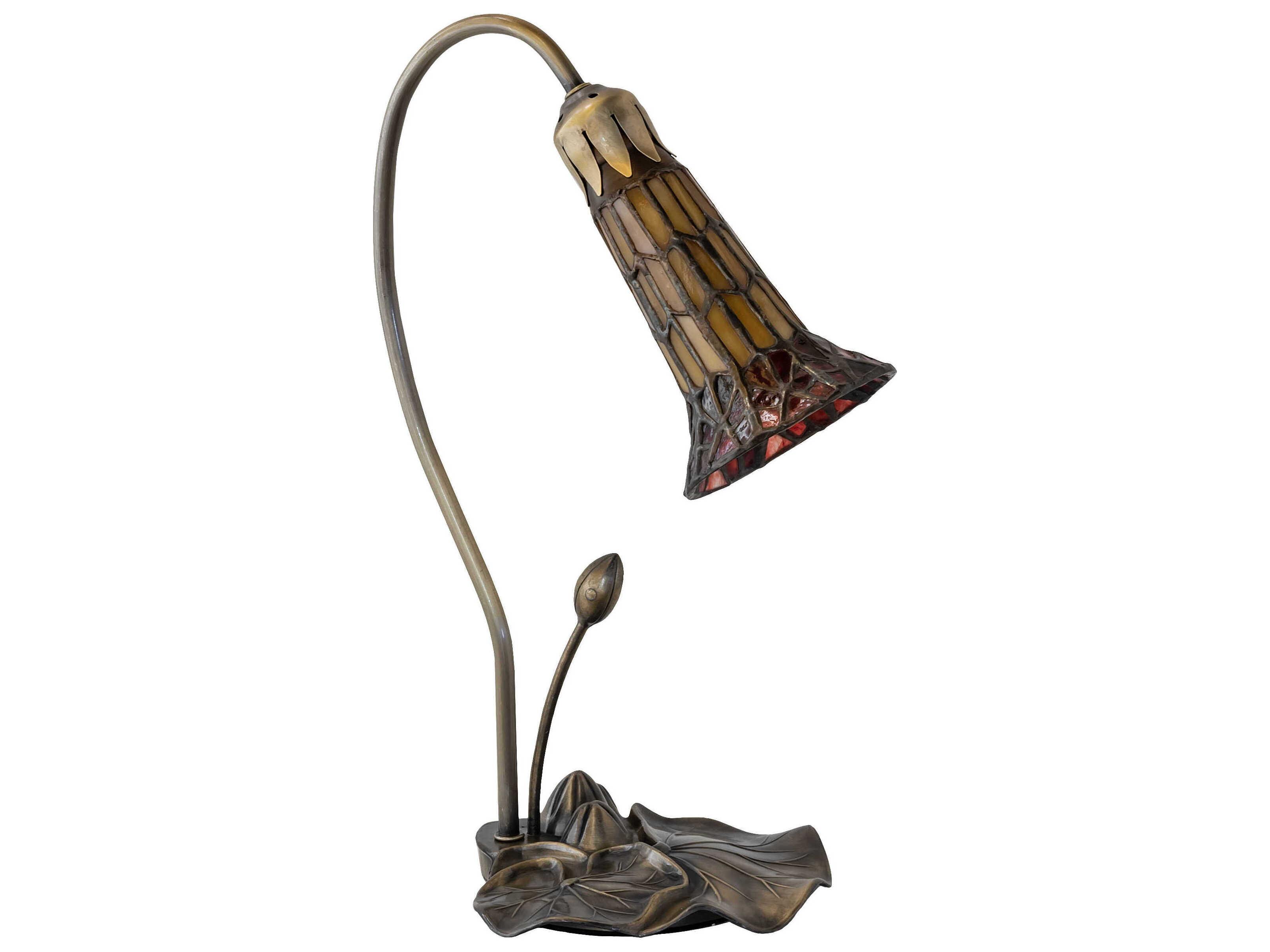 Meyda Stained Glass Pond Lily Antique Copper Cranberry Ruby Tiffany Table Lamp with Shade