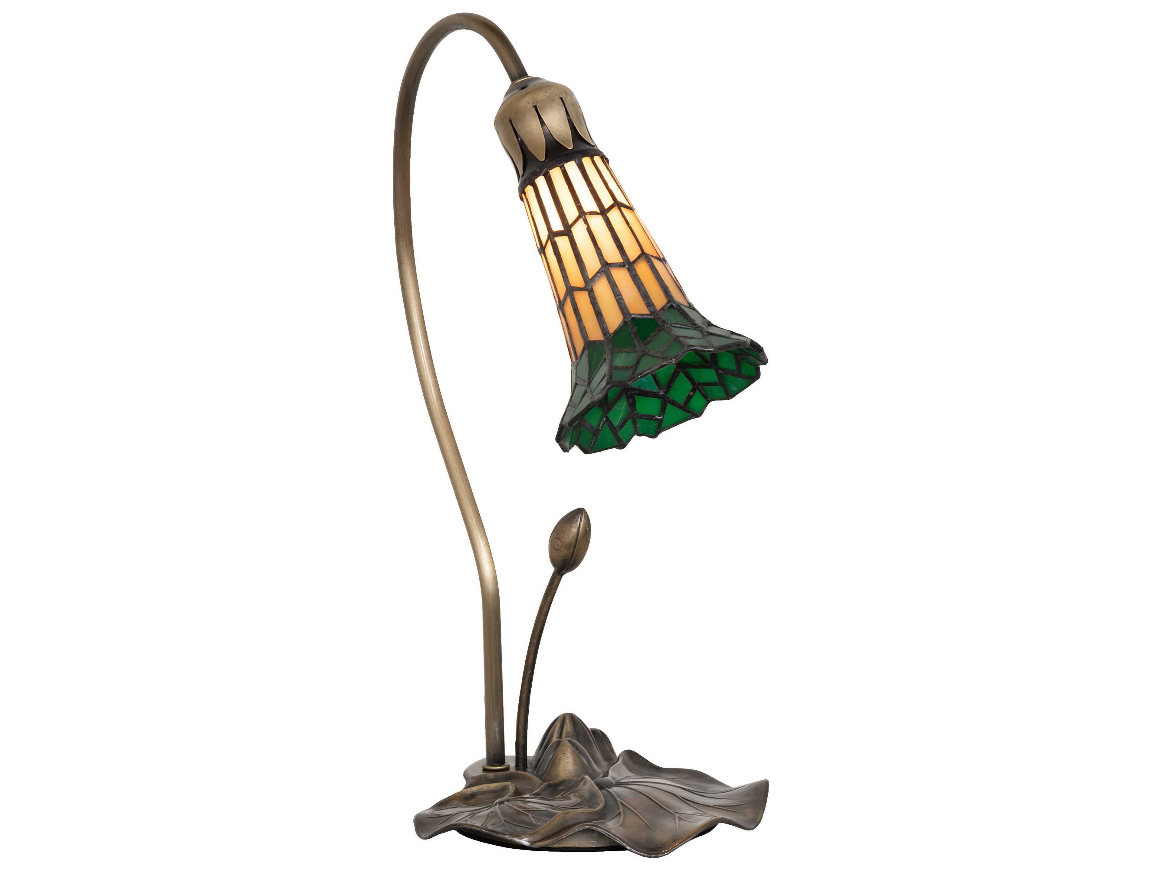 Meyda Stained Glass Pond Lily Antique Copper Amber Green Tiffany Table Lamp with Shade