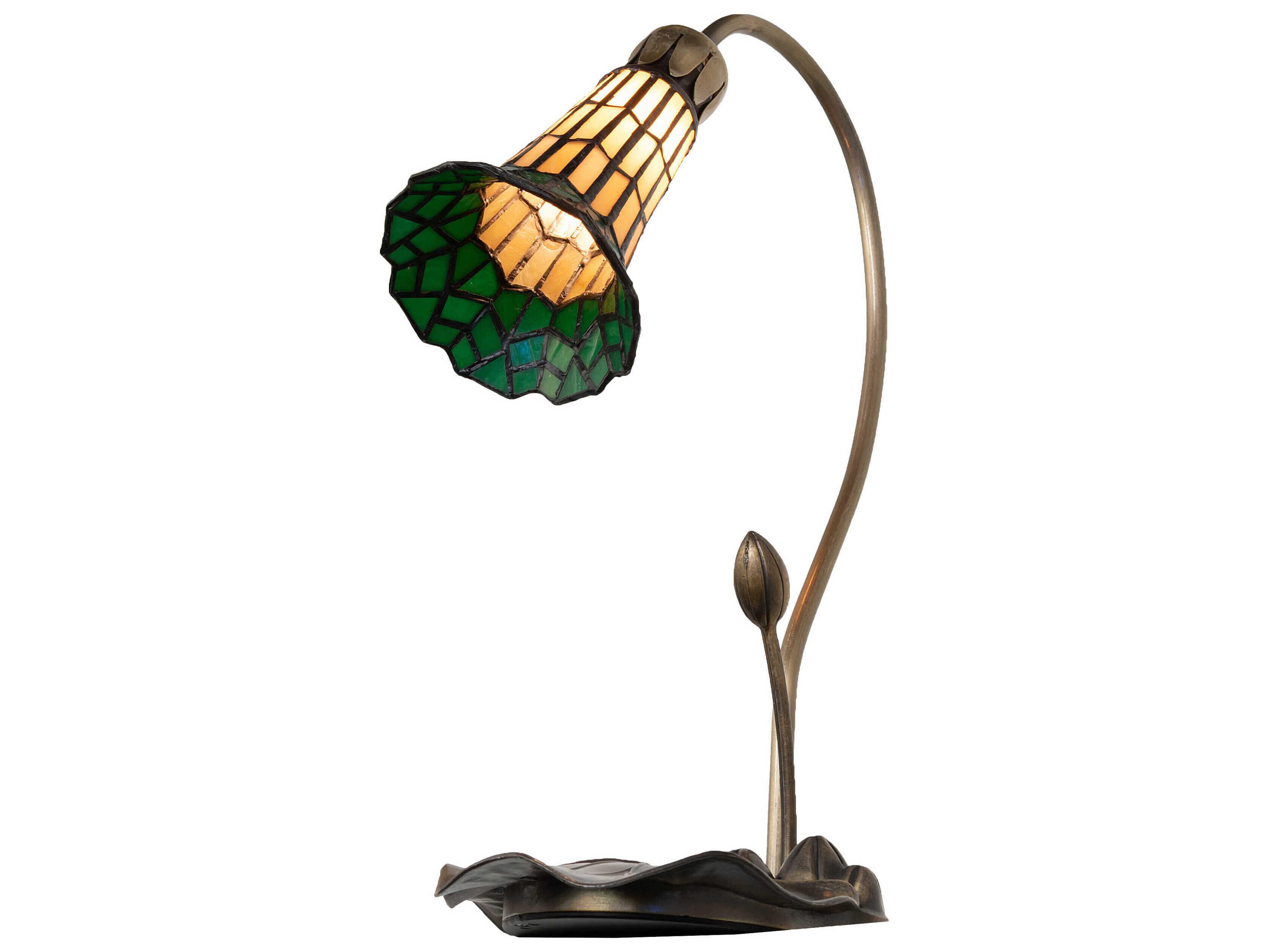 Meyda Stained Glass Pond Lily Antique Copper Amber Green Tiffany Table Lamp with Shade