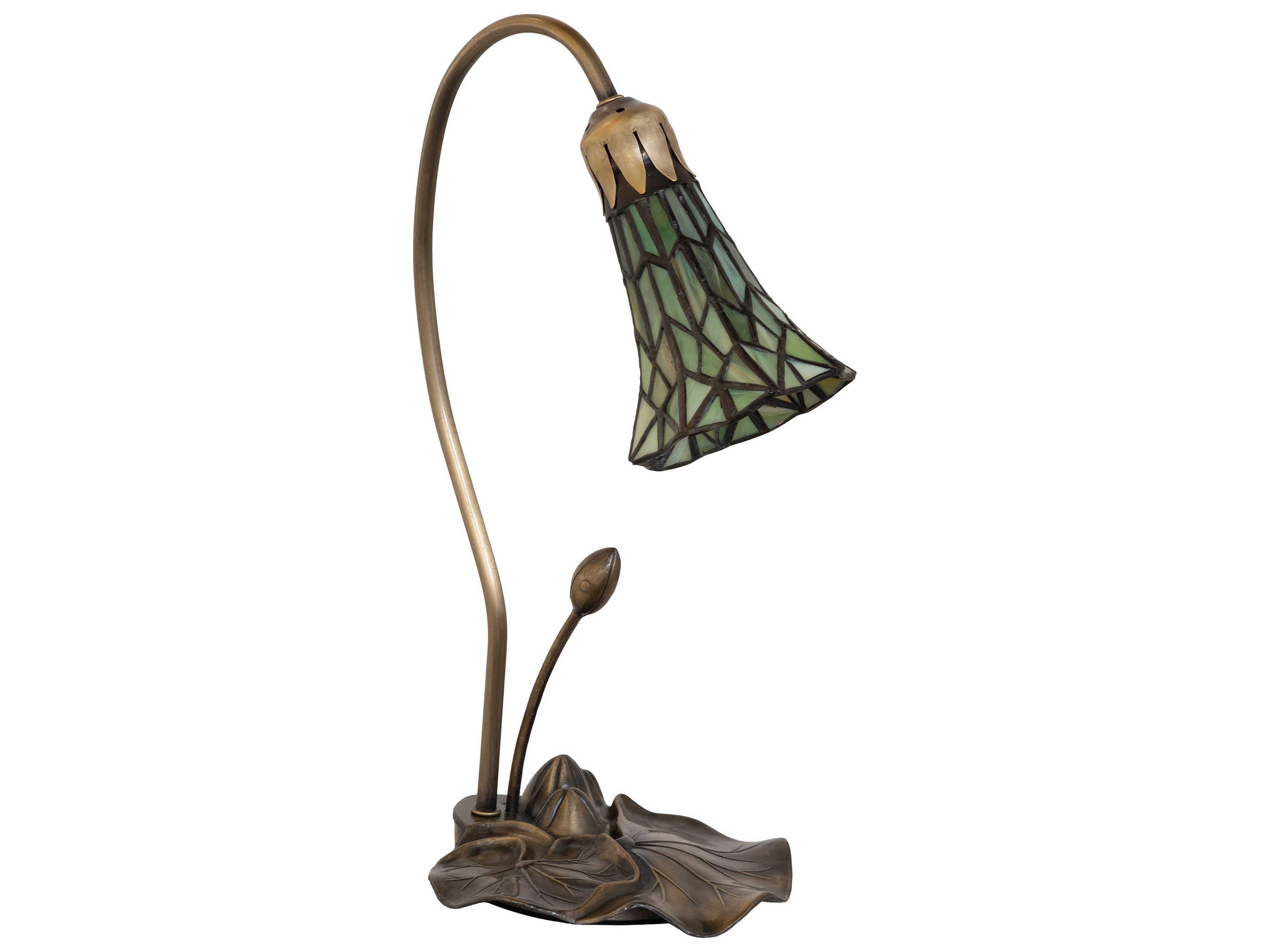 Meyda Stained Glass Pond Lily Antique Copper Green Tiffany Table Lamp with Shade