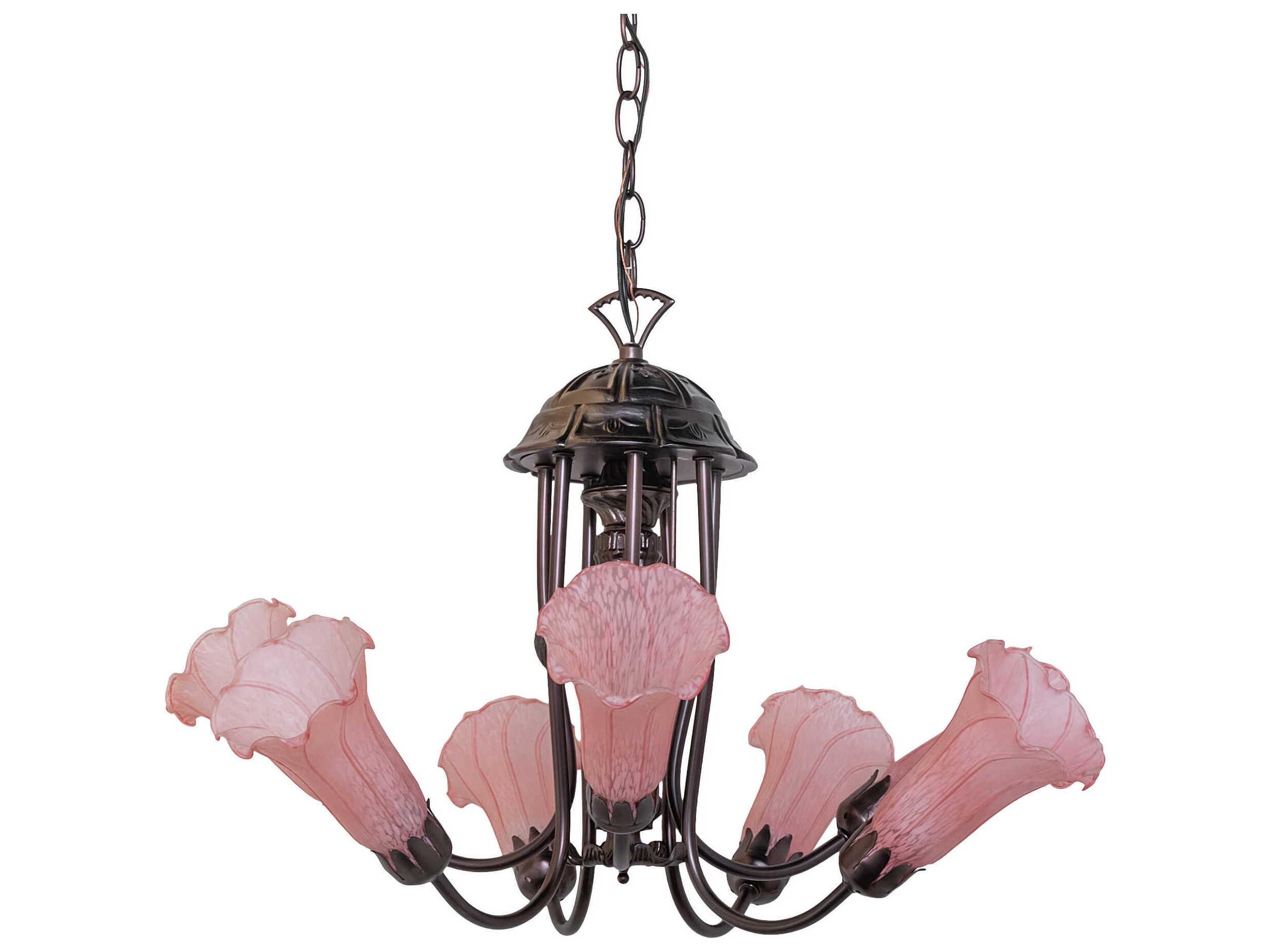 Meyda Pond Lily 7-Light Mahogany Bronze Pink Glass Bell Chandelier