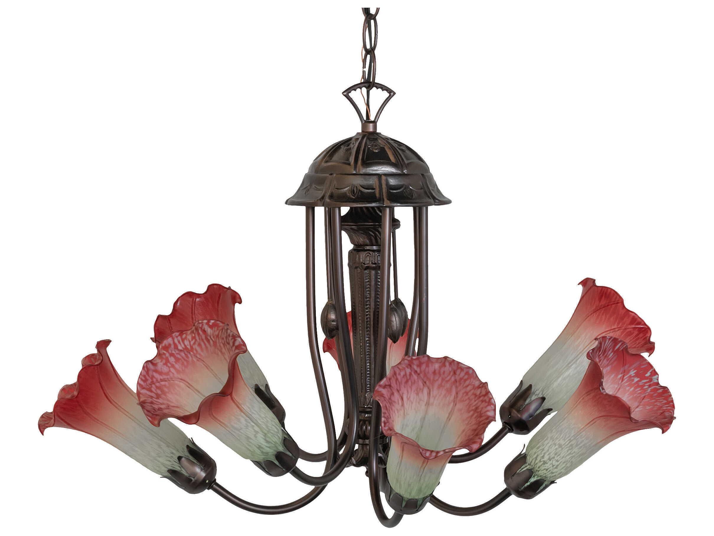 Meyda Pond Lily 7-Light Mahogany Bronze Pink Glass Bell Chandelier