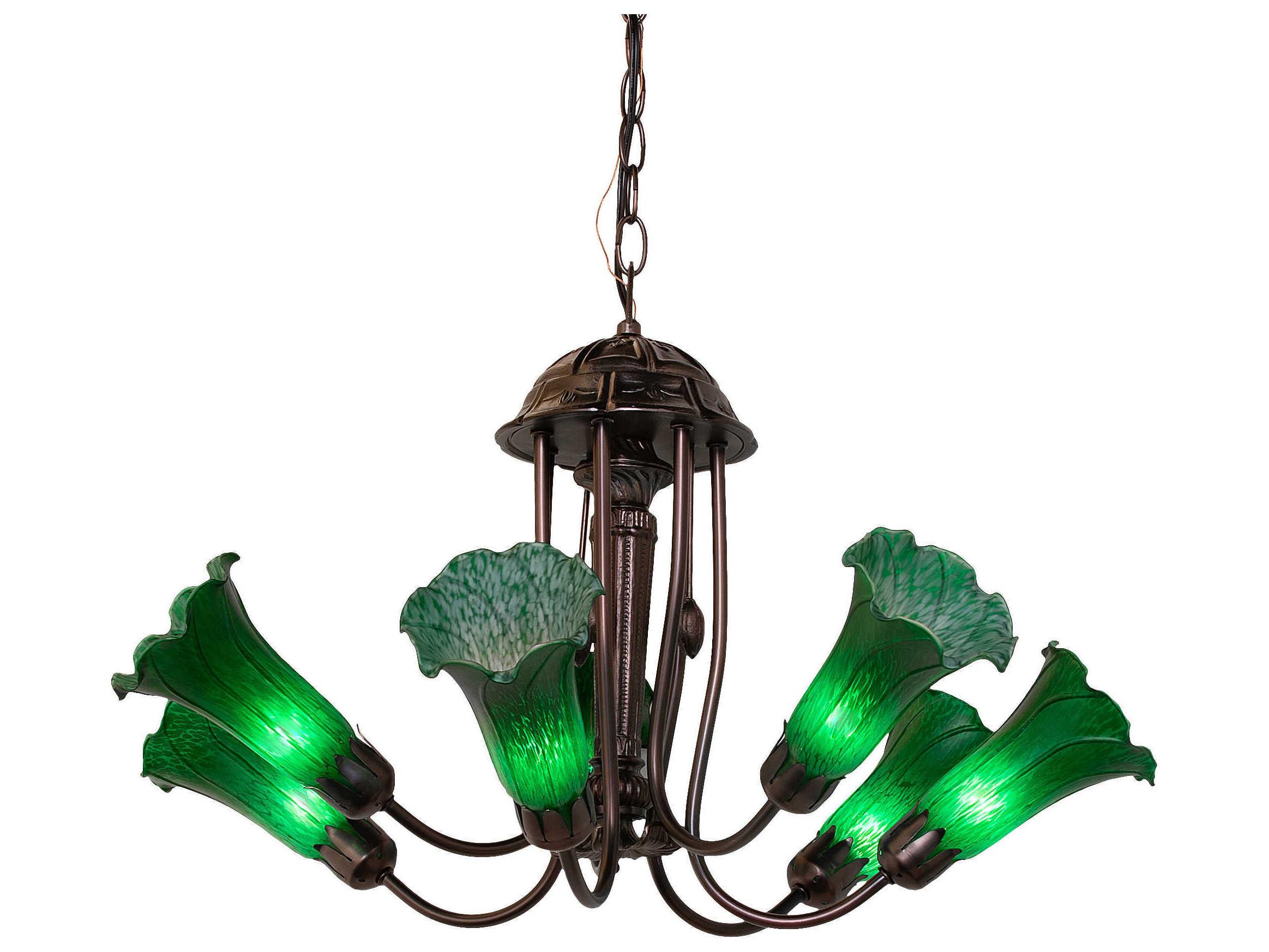 Meyda Pond Lily 7-Light Green Mahogany Bronze Glass Bell Chandelier