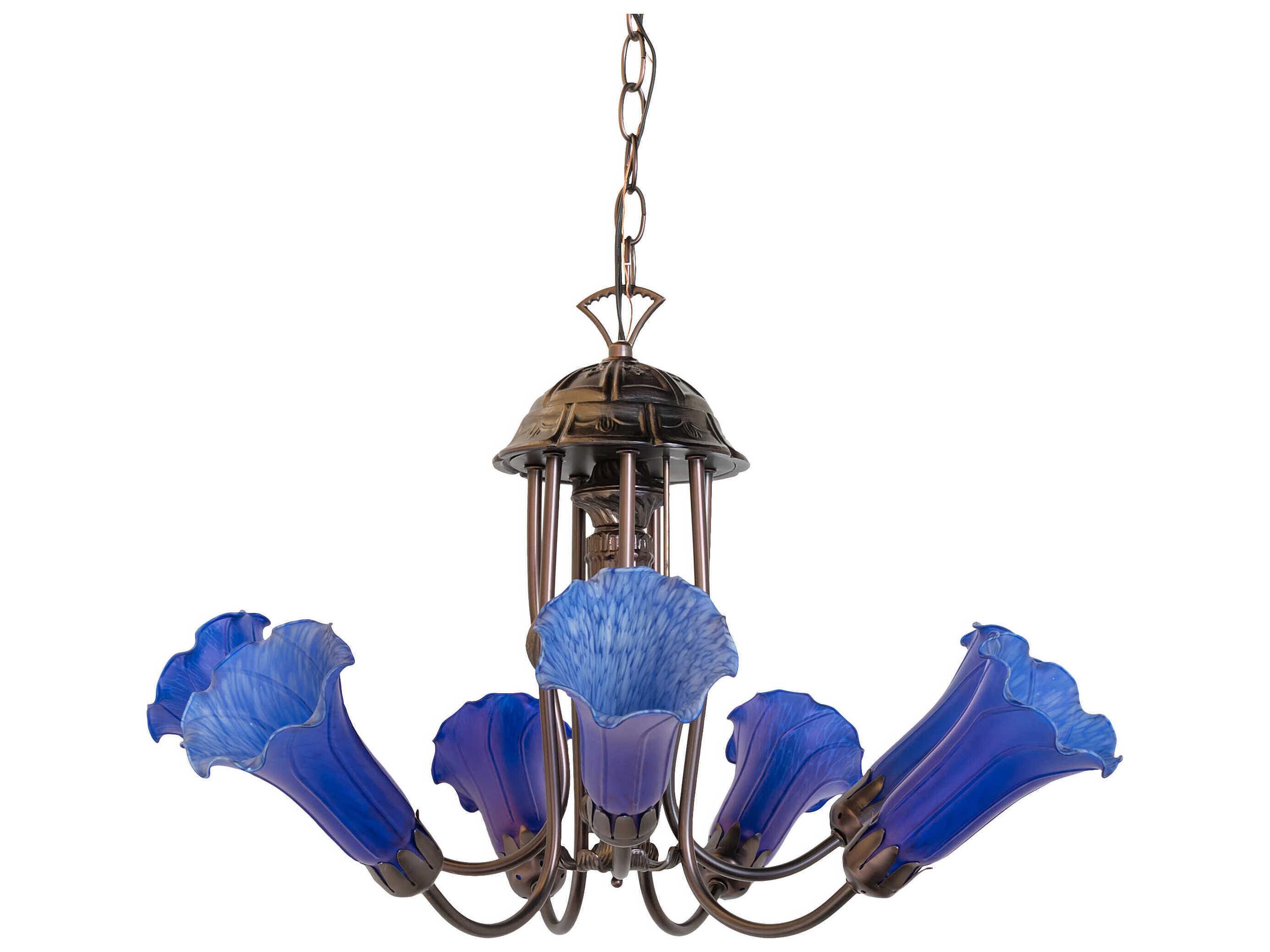 Meyda Pond Lily 7-Light Mahogany Bronze Blue Glass Bell Chandelier