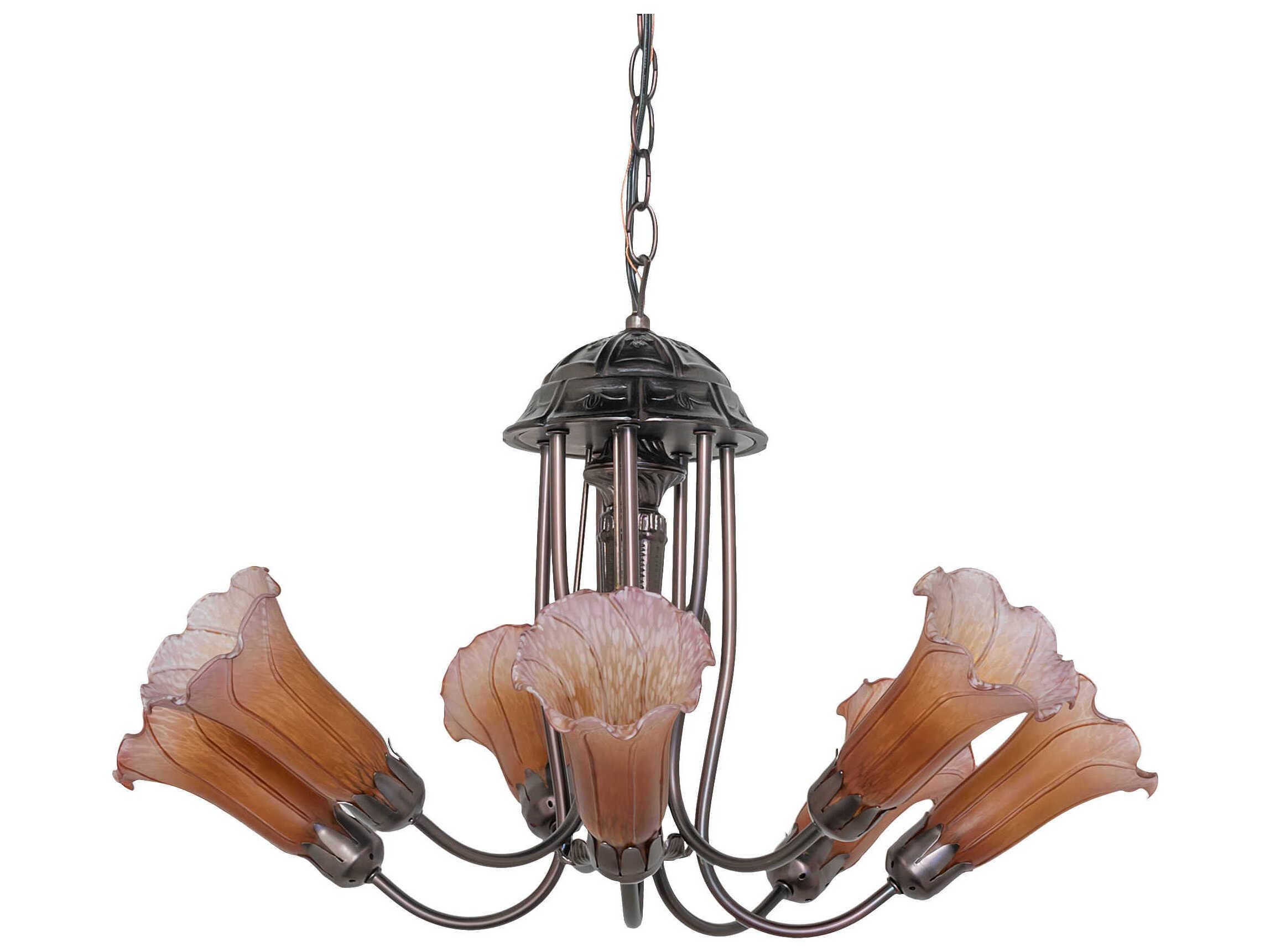 Meyda Pond Lily 7-Light Mahogany Bronze Orange Glass Bell Chandelier