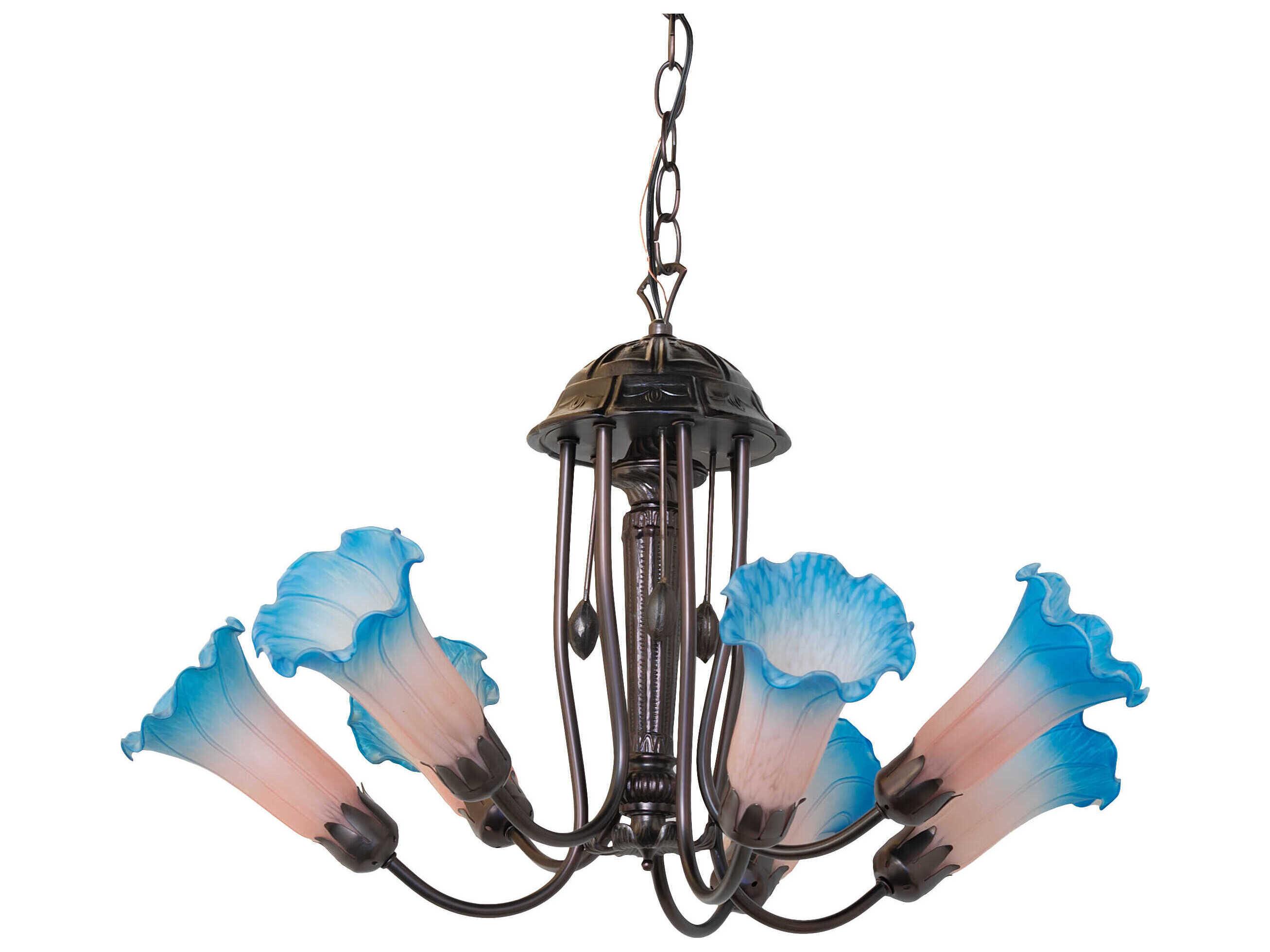 Meyda Pond Lily 7-Light Mahogany Bronze Blue Glass Bell Chandelier