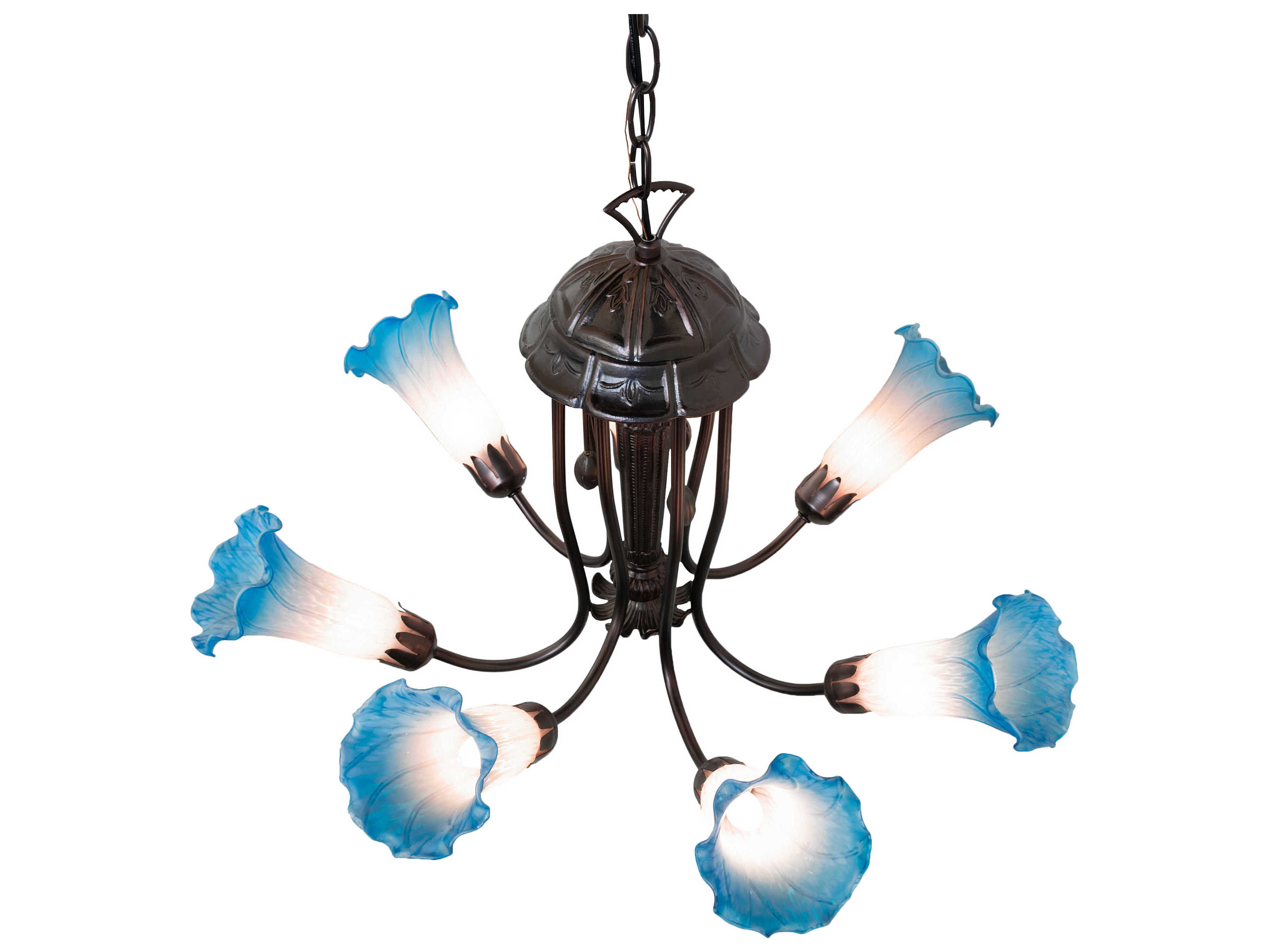 Meyda Pond Lily 7-Light Mahogany Bronze Blue Glass Bell Chandelier
