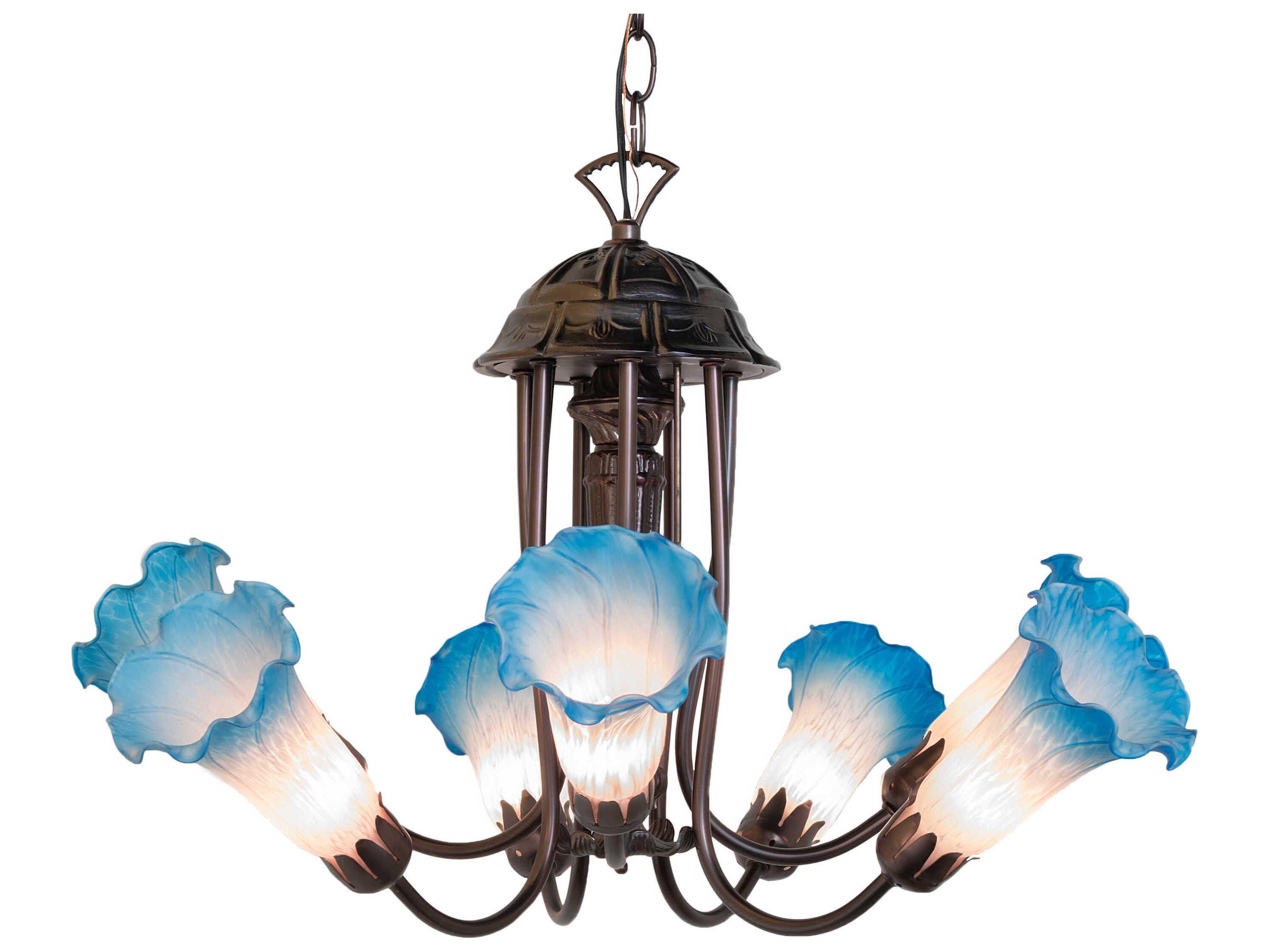Meyda Pond Lily 7-Light Mahogany Bronze Blue Glass Bell Chandelier