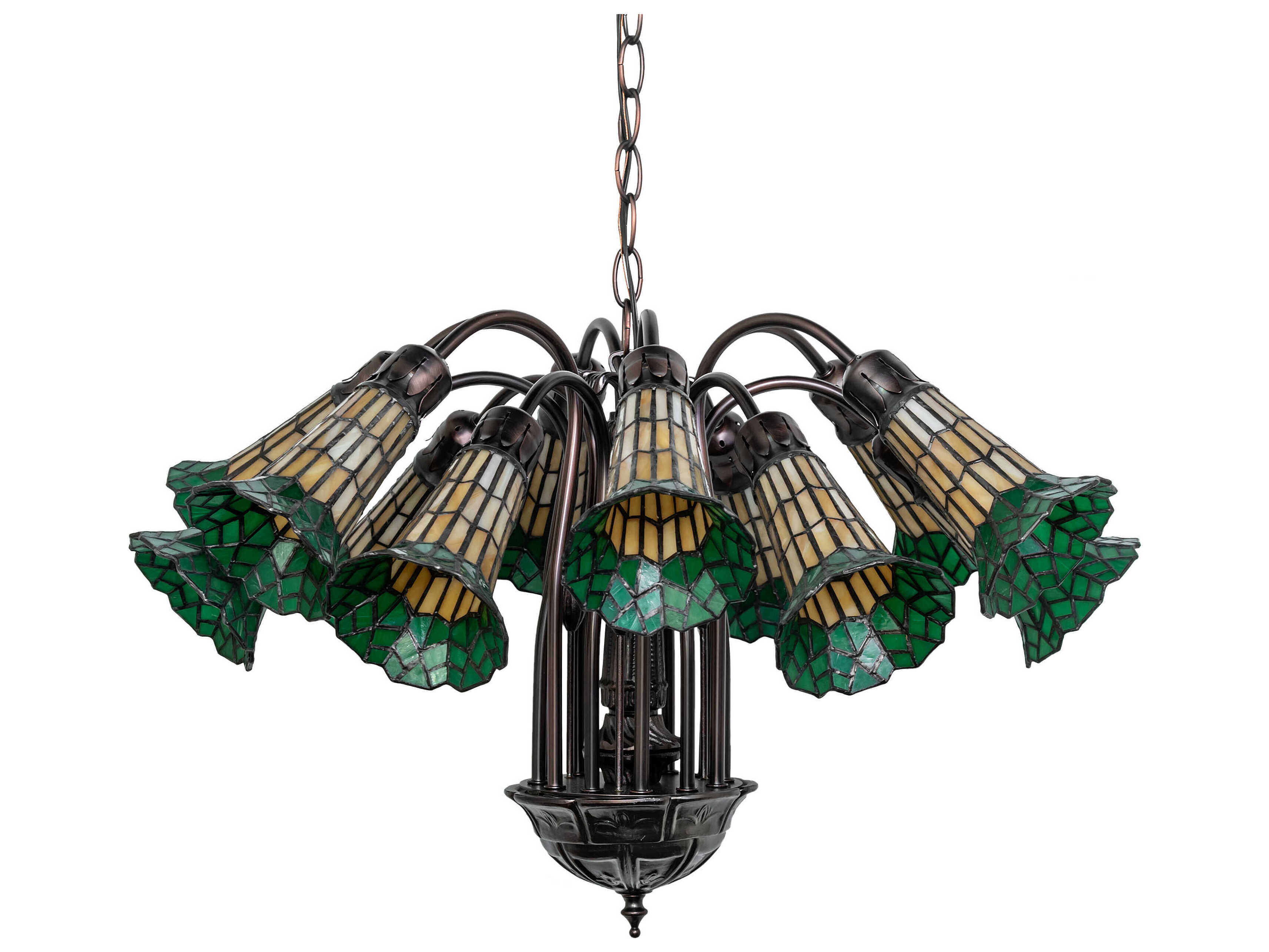 Meyda Stained Glass Pond Lily 12-Light Mahogany Bronze Bell Chandelier