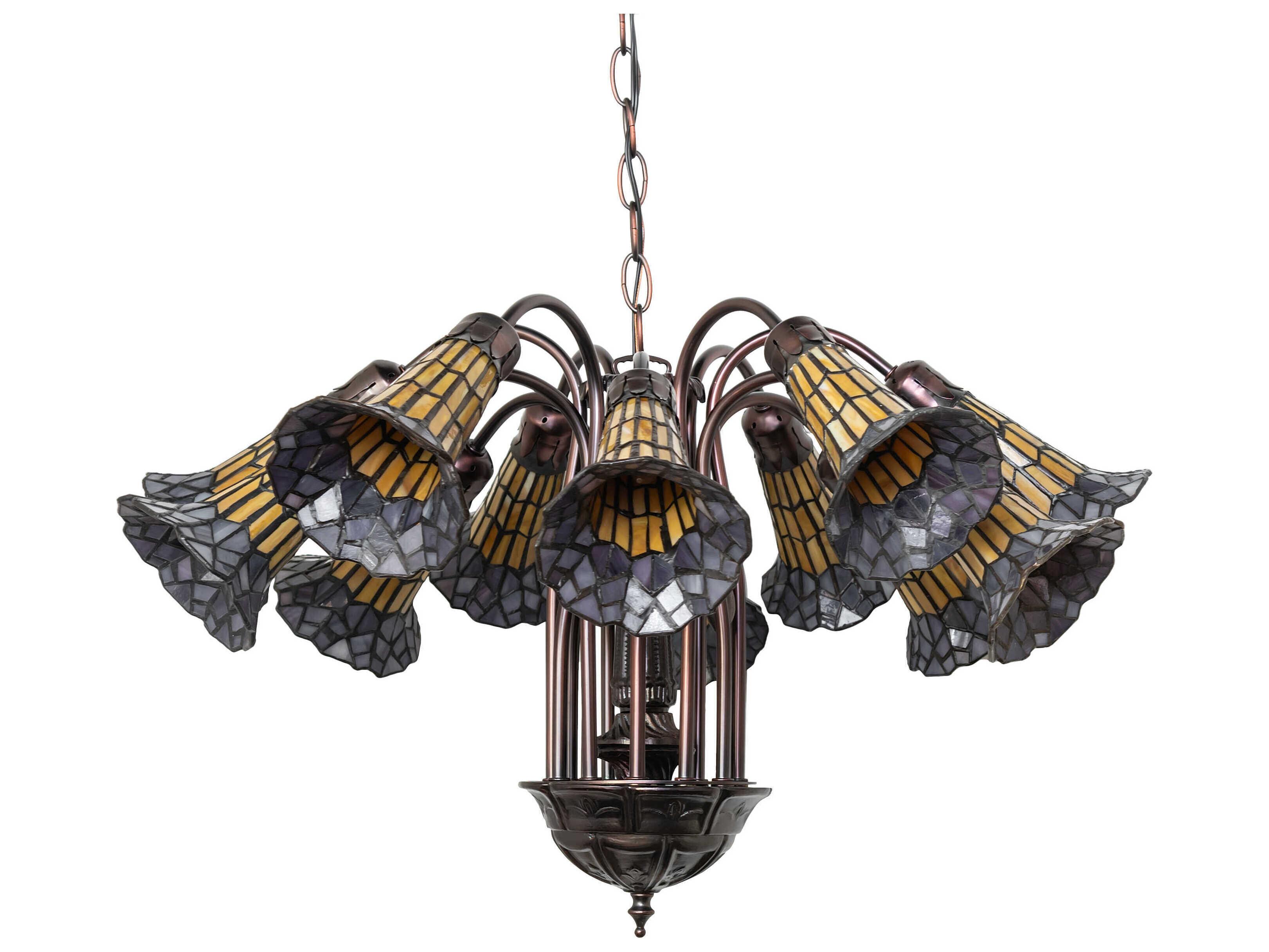 Meyda Stained Glass Pond Lily 12-Light Mahogany Bronze Bell Chandelier