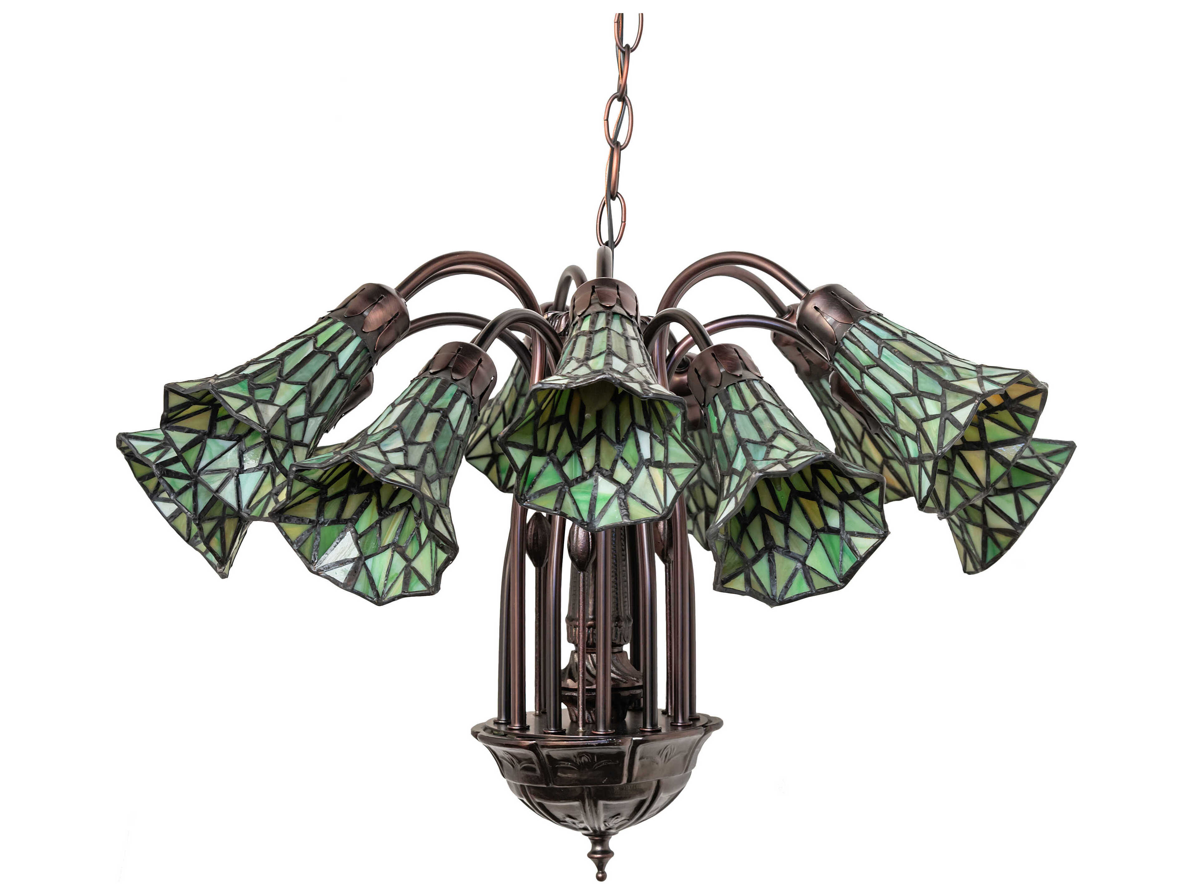 Meyda Stained Glass Pond Lily 12-Light Mahogany Bronze Bell Chandelier