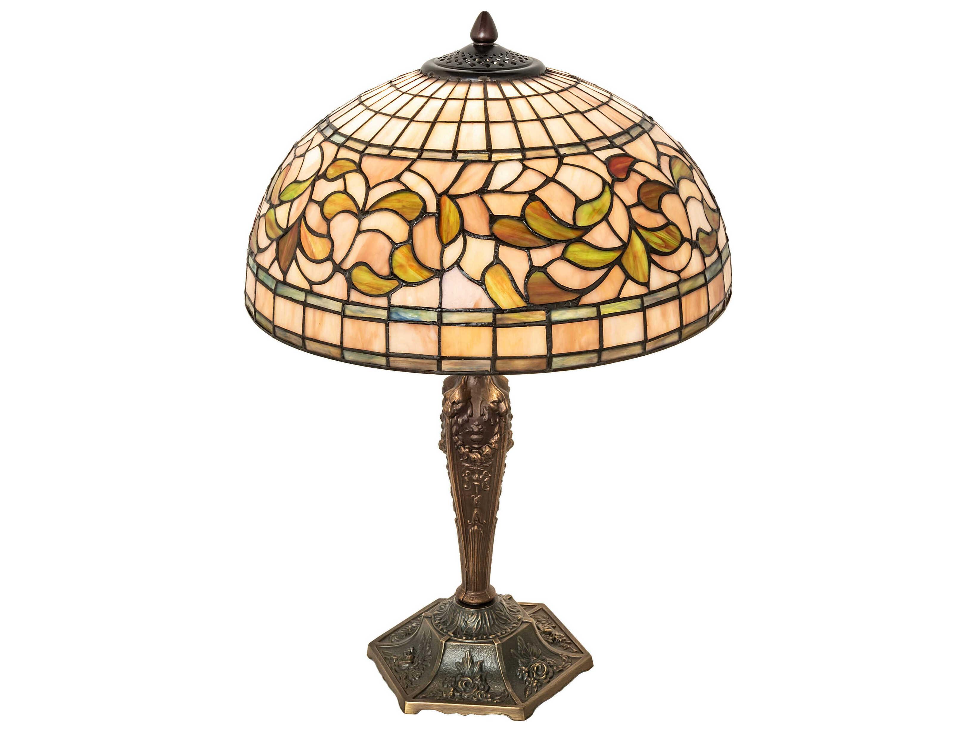 Meyda Tiffany Turning Leaf Antique Brass Glass Table Lamp