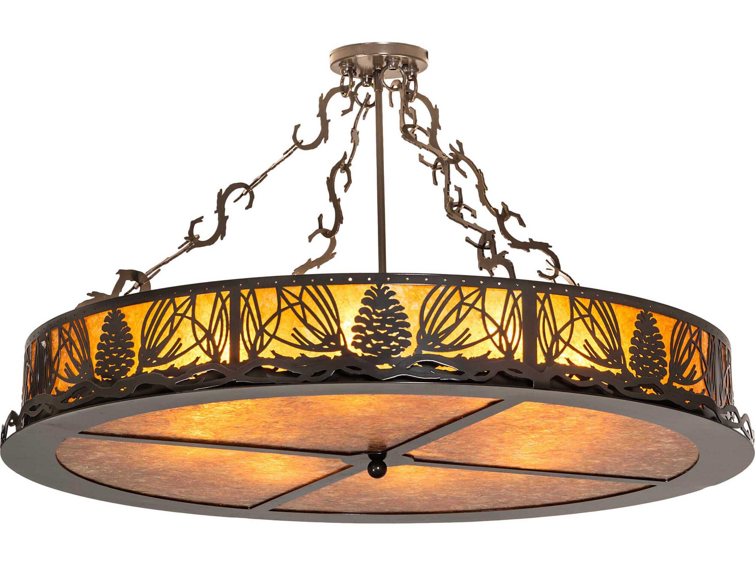 Meyda Mountain Pine 8-Light Timeless Bronze Yellow Glass Round Semi Flush Mount