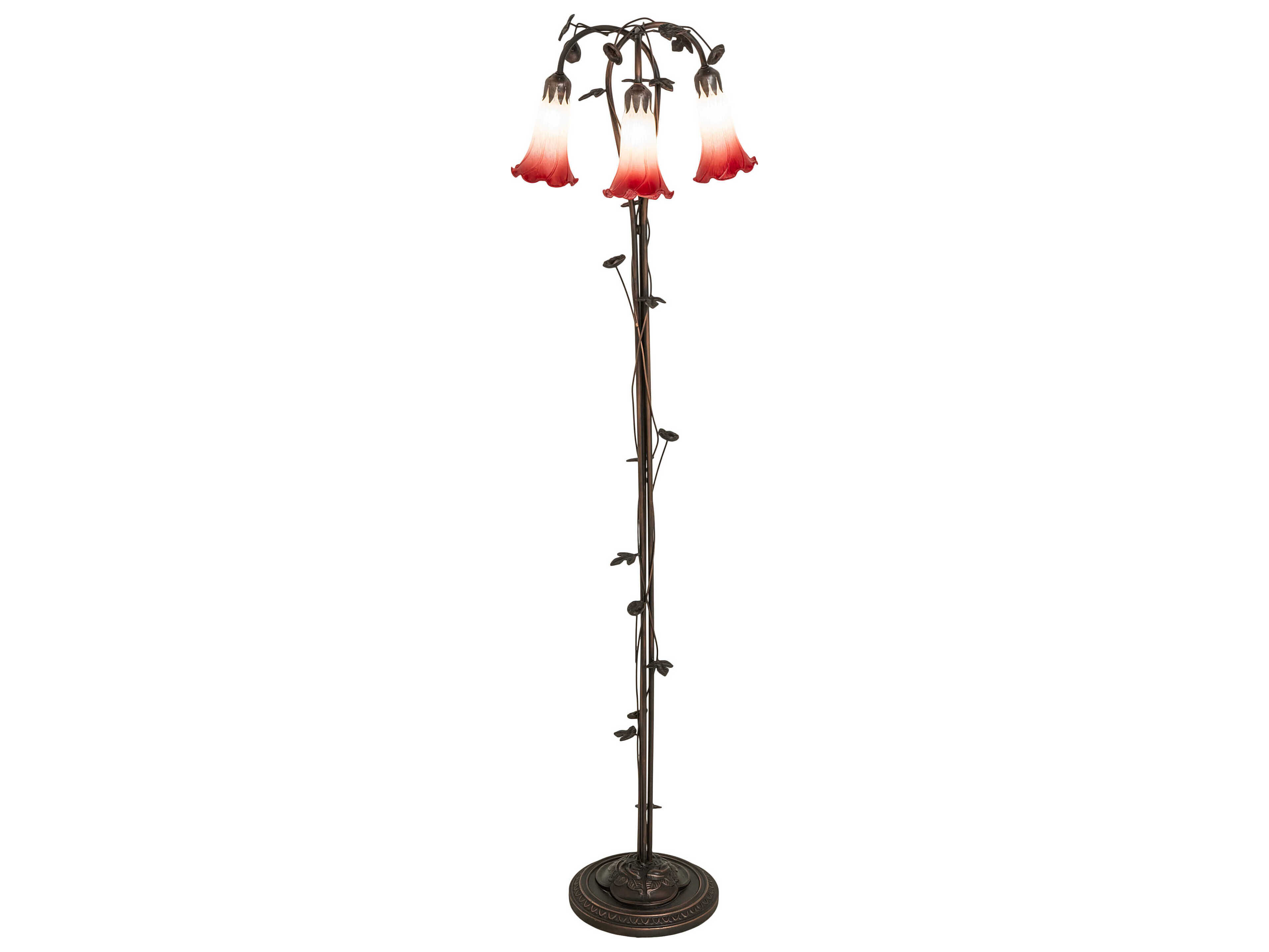 Meyda Pond Lily Mahogany Bronze Tiffany Floor Lamp with Red White Glass Shade