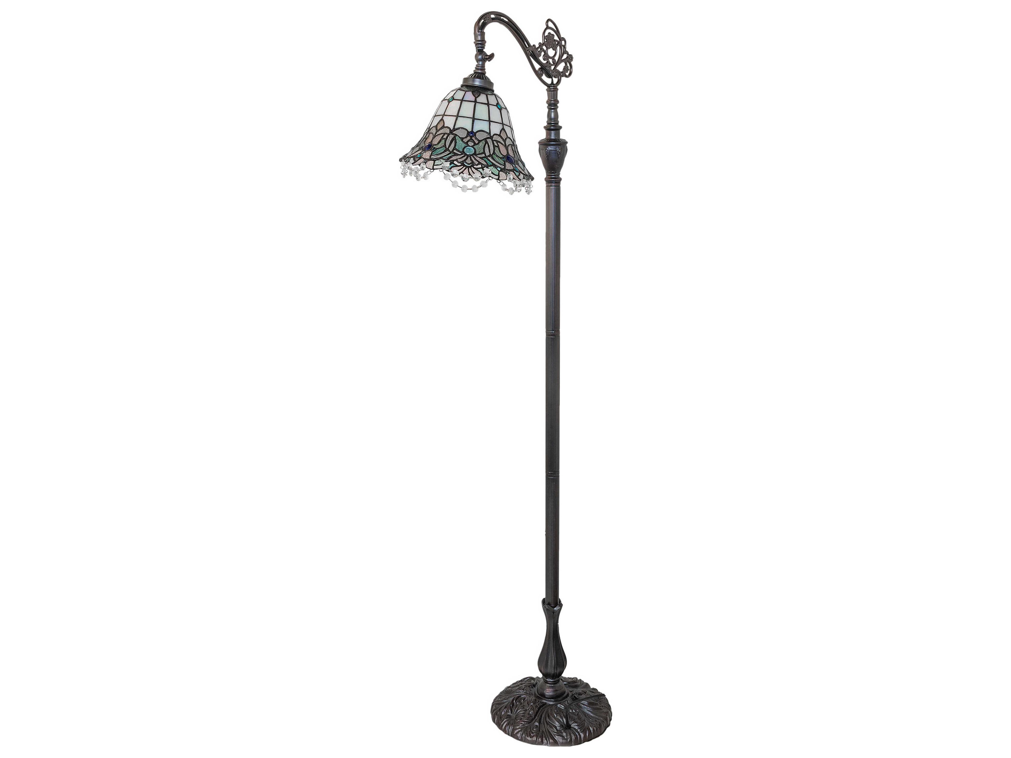 Meyda Angelica Mahogany Bronze Crystal Blue White Clear Iridescent Glass Tiffany Floor Lamp