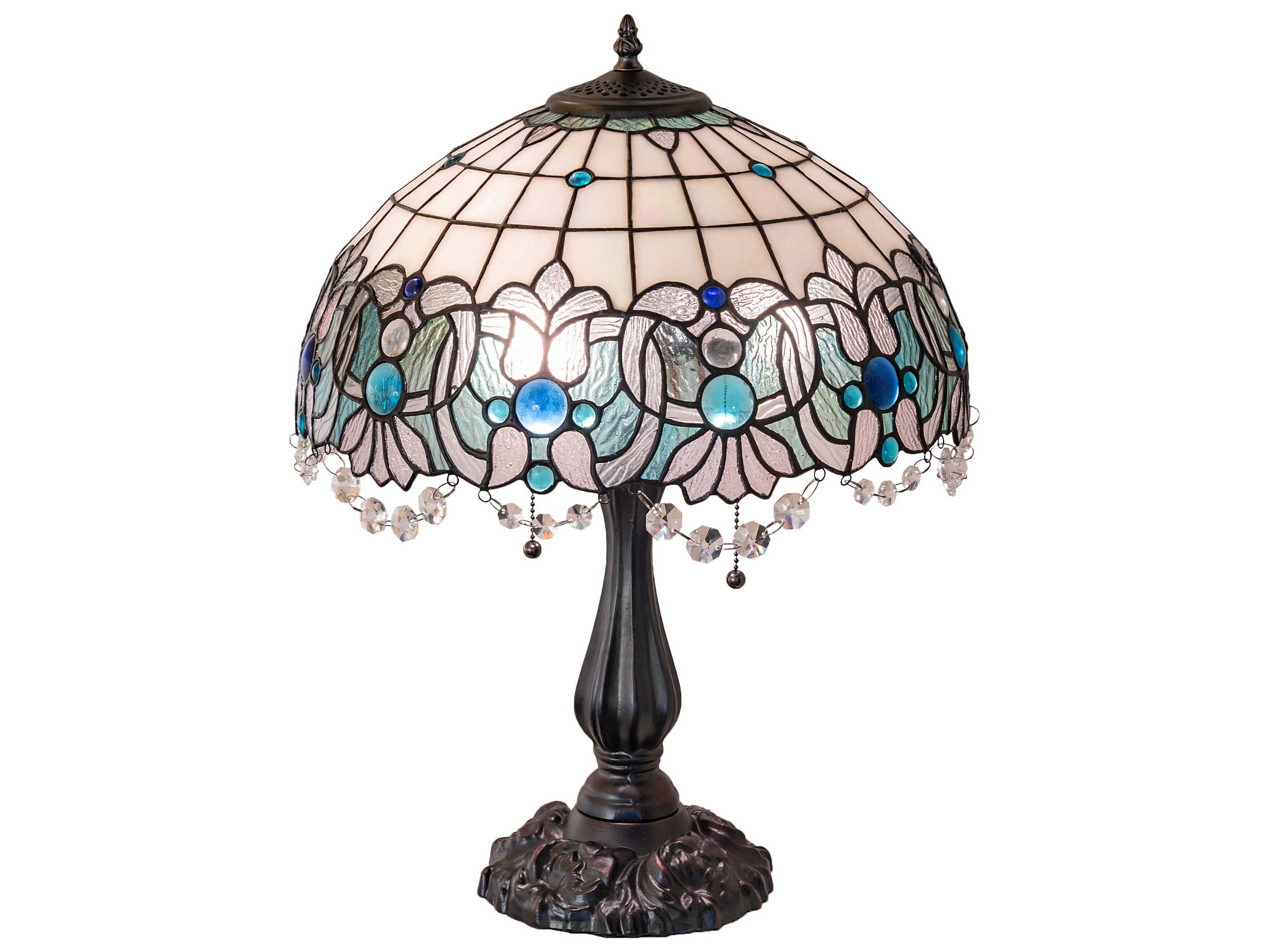 Meyda Angelica Mahogany Bronze Blue Clear Iridescent Glass Tiffany Table Lamp