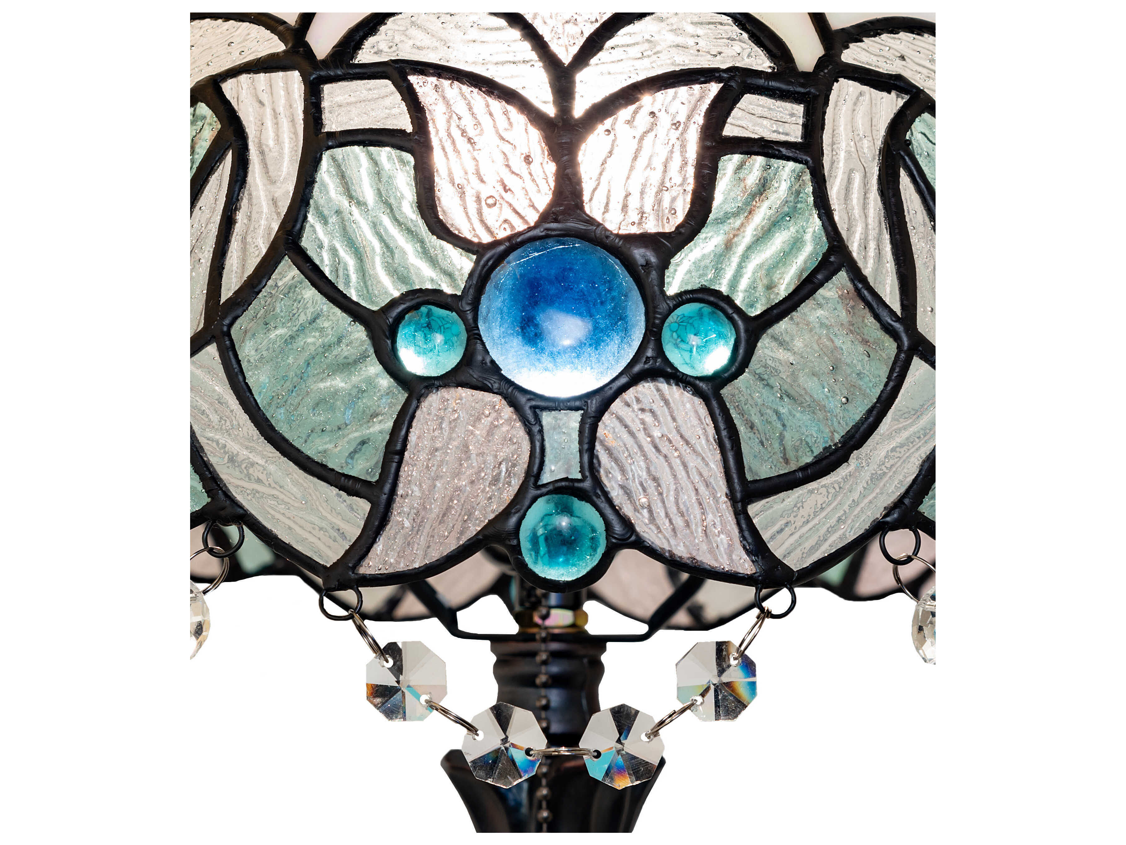 Meyda Angelica Mahogany Bronze Blue Clear Iridescent Glass Tiffany Table Lamp