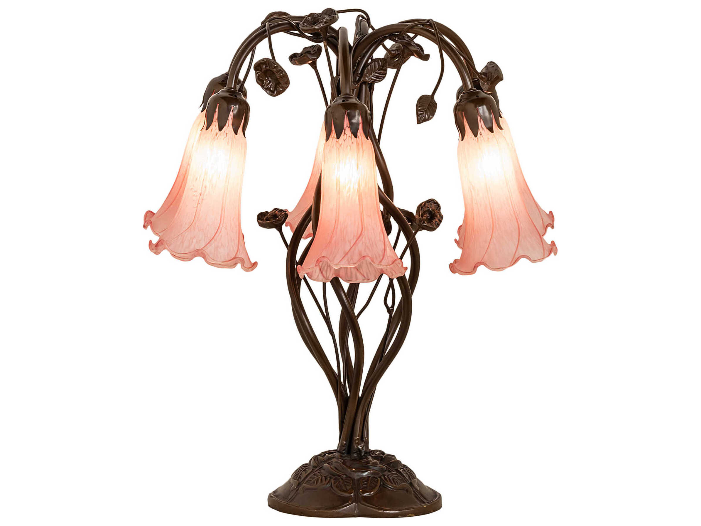 Meyda Pond Lily Mahogany Bronze Tiffany Table Lamp with Pink Glass Shade