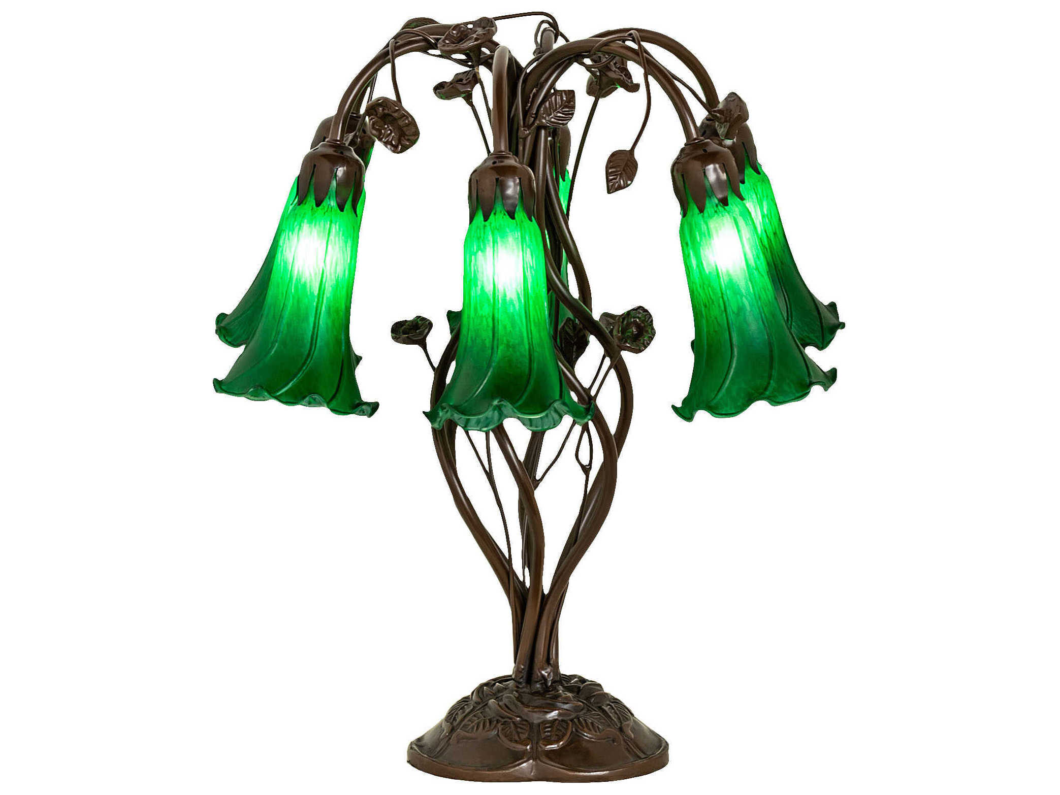 Meyda Pond Lily Mahogany Bronze Tiffany Table Lamp with Green Glass Shade