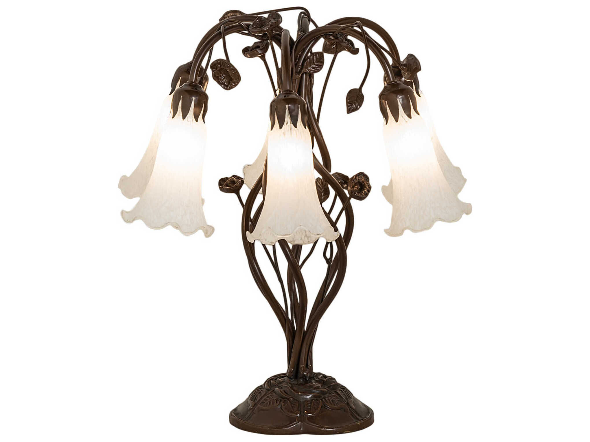 Meyda Pond Lily Mahogany Bronze Tiffany Table Lamp with White Glass Shade