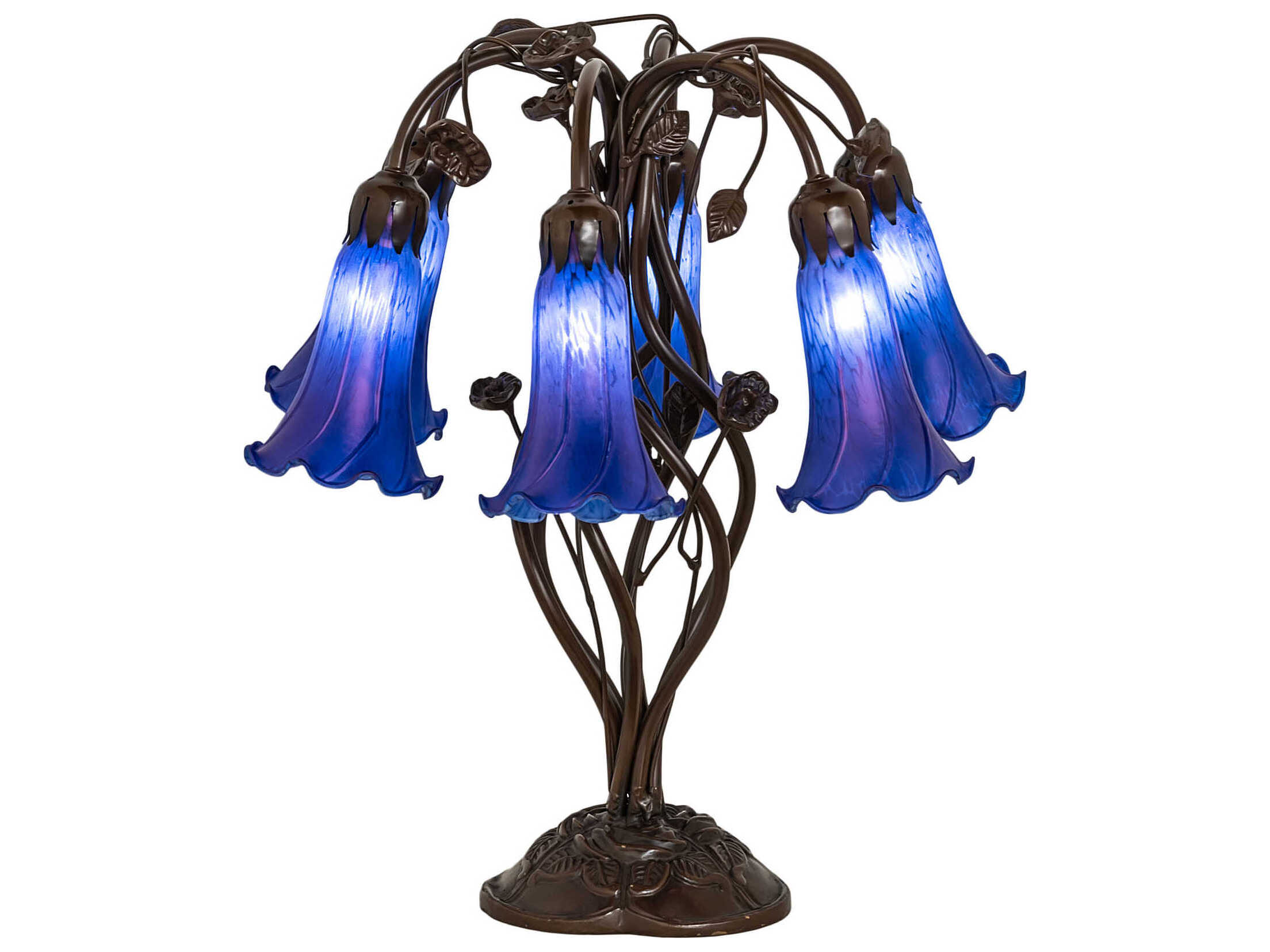 Meyda Pond Lily Mahogany Bronze Tiffany Table Lamp with Blue Glass Shade