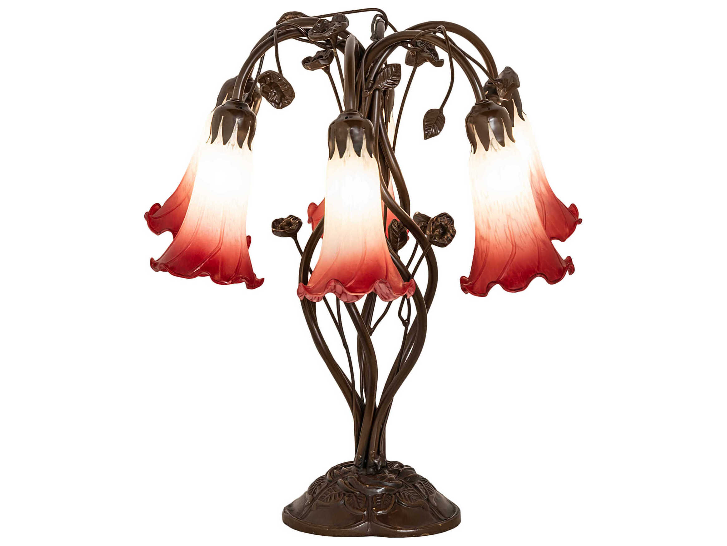 Meyda Pond Lily Mahogany Bronze Tiffany Table Lamp with Red White Glass Shade