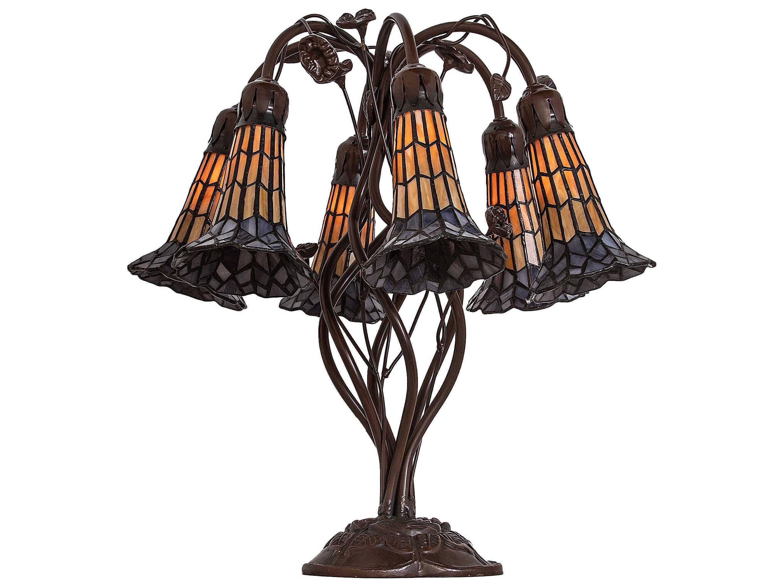 Meyda Stained Glass Pond Lily Antique Amber Violet Bronze Tiffany Table Lamp with 	Amber Shade