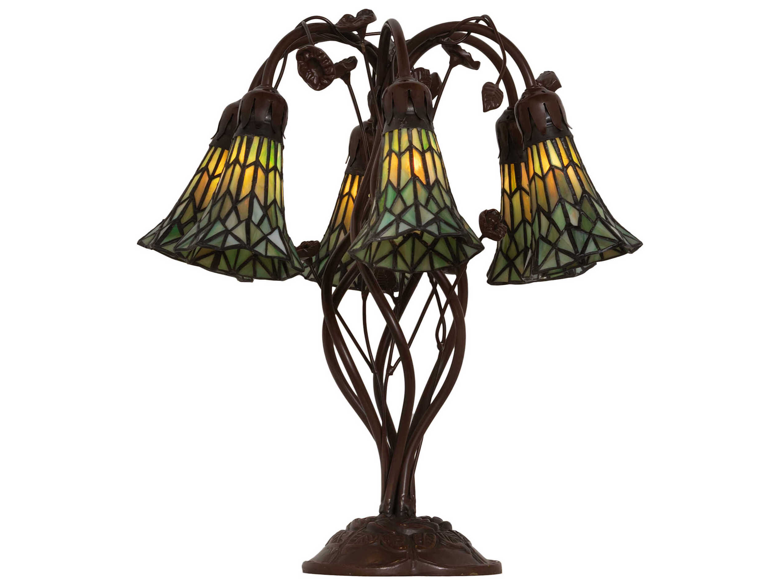 Meyda Stained Glass Pond Lily Mahogany Bronze Green Tiffany Table Lamp with Shade
