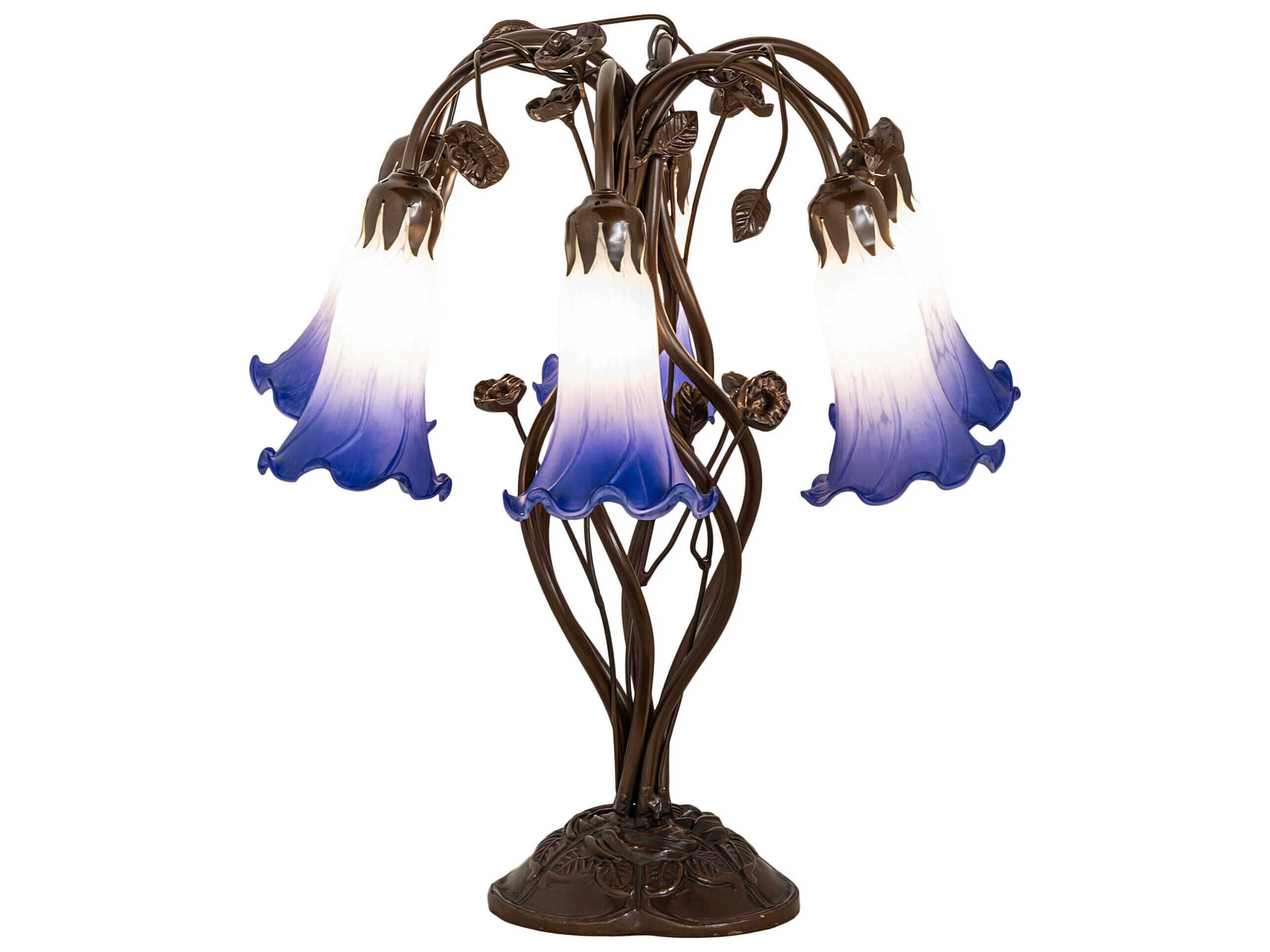 Meyda Pond Lily Mahogany Bronze Tiffany Table Lamp with Blue White Glass Shade
