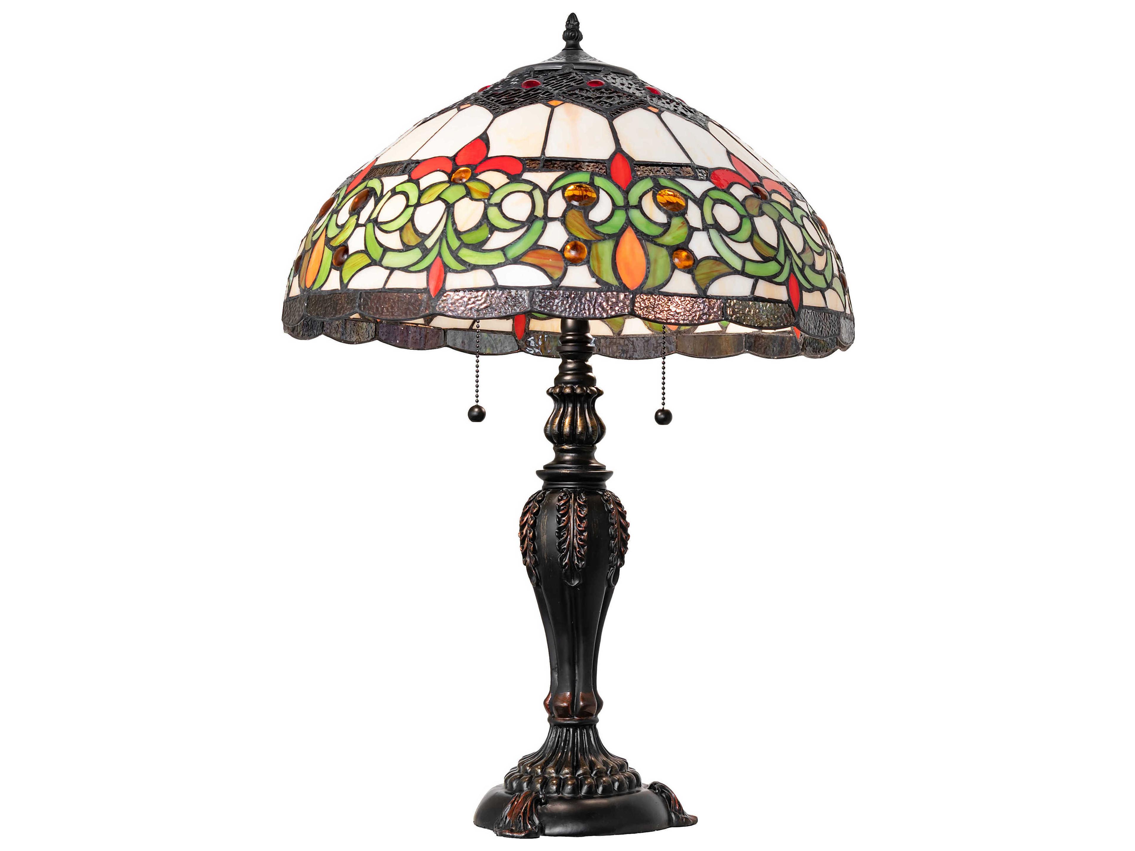 Meyda Creole Mahogany Bronze Ruby Green White Glass Tiffany Buffet Lamp
