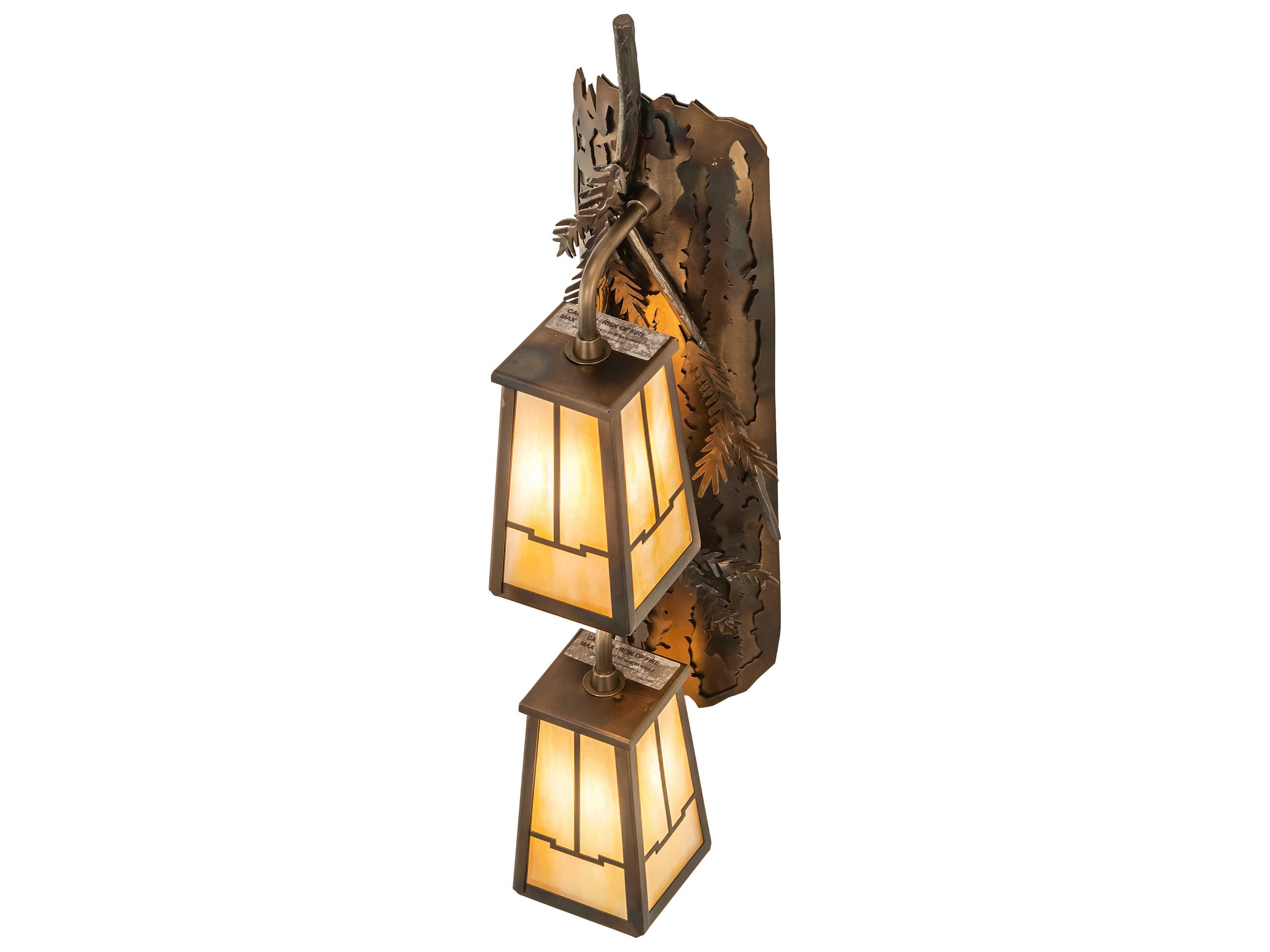 Meyda Pine Branch Valley View 2-Light Antique Copper Burnished Glass Wall Sconce