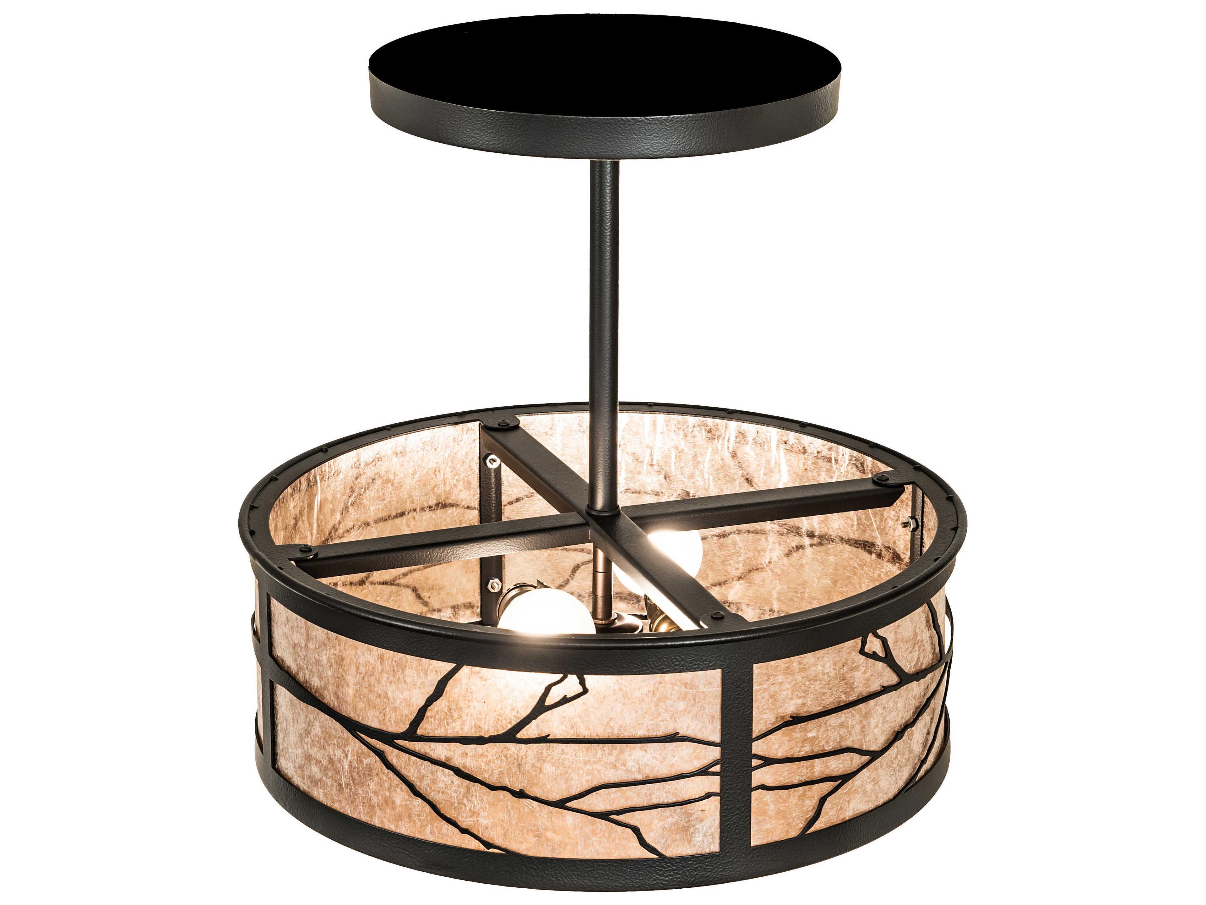 Meyda Branches 2-Light Black Satin Wrought Iron Glass Drum Semi Flush Mount