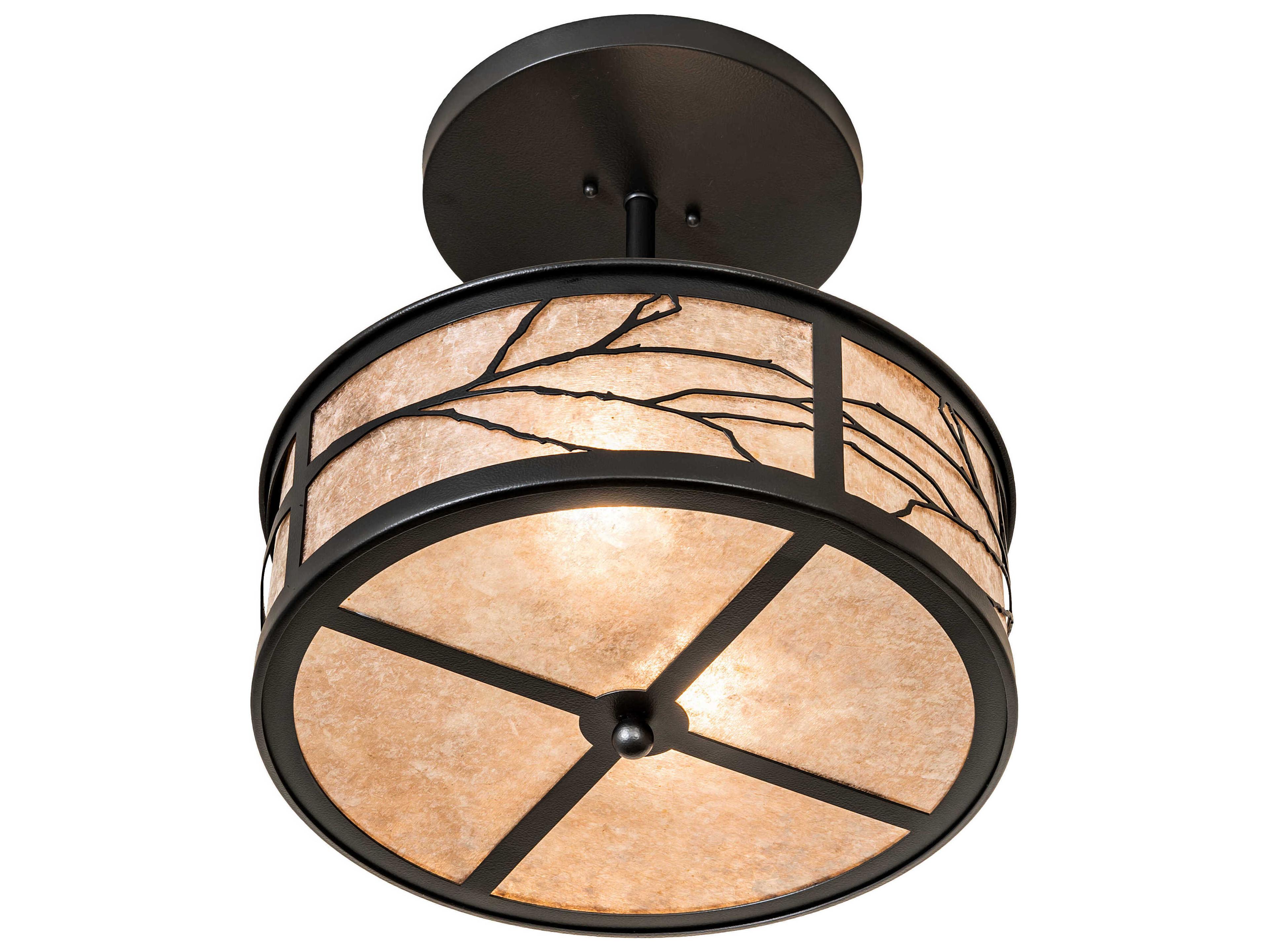 Meyda Branches 2-Light Black Satin Wrought Iron Glass Drum Semi Flush Mount