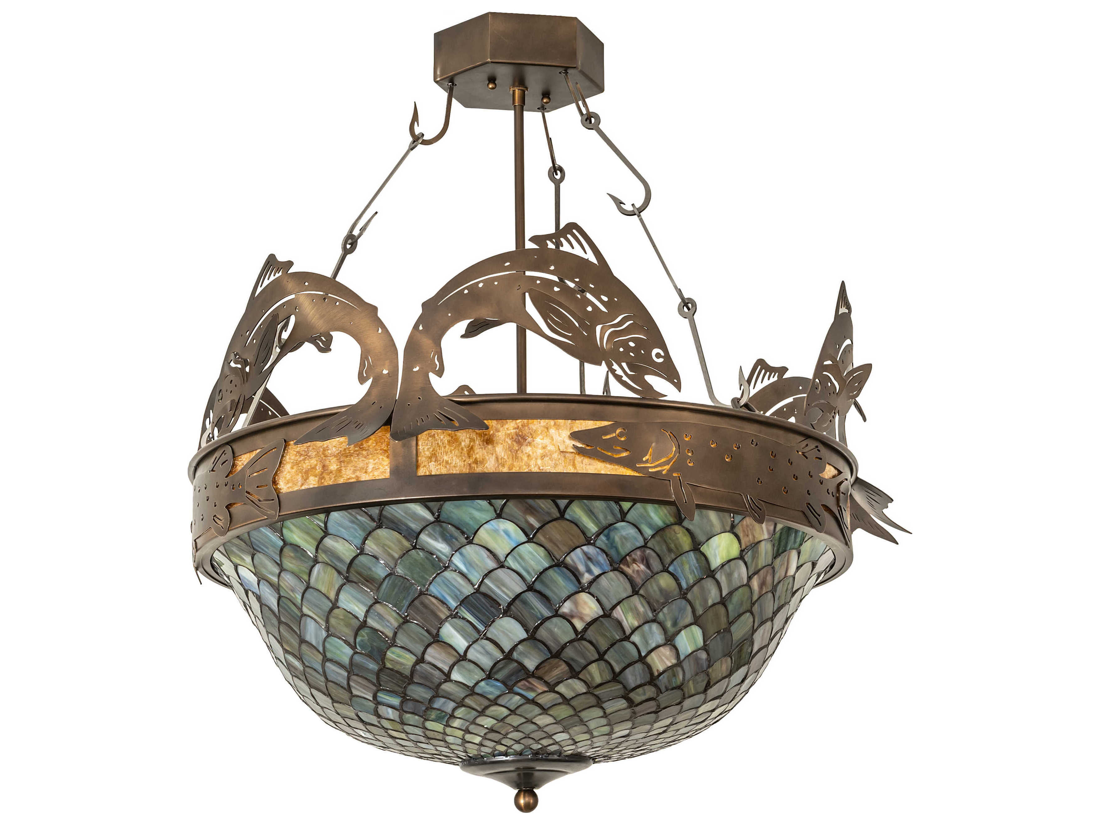 Meyda Catch Of The Day 4-Light Timeless Bronze Glass Tiffany Bowl Semi Flush Mount