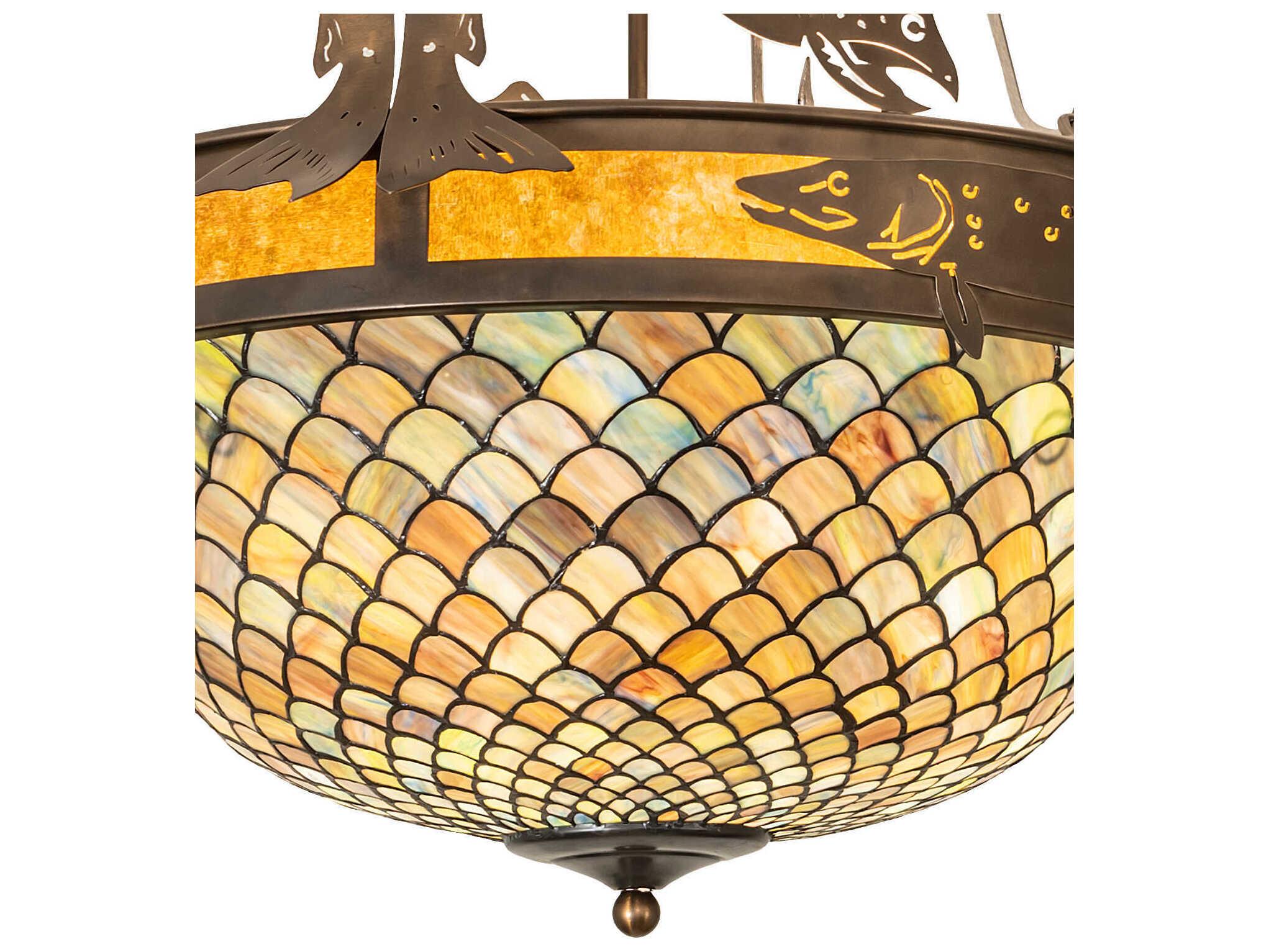 Meyda Catch Of The Day 4-Light Timeless Bronze Glass Tiffany Bowl Semi Flush Mount