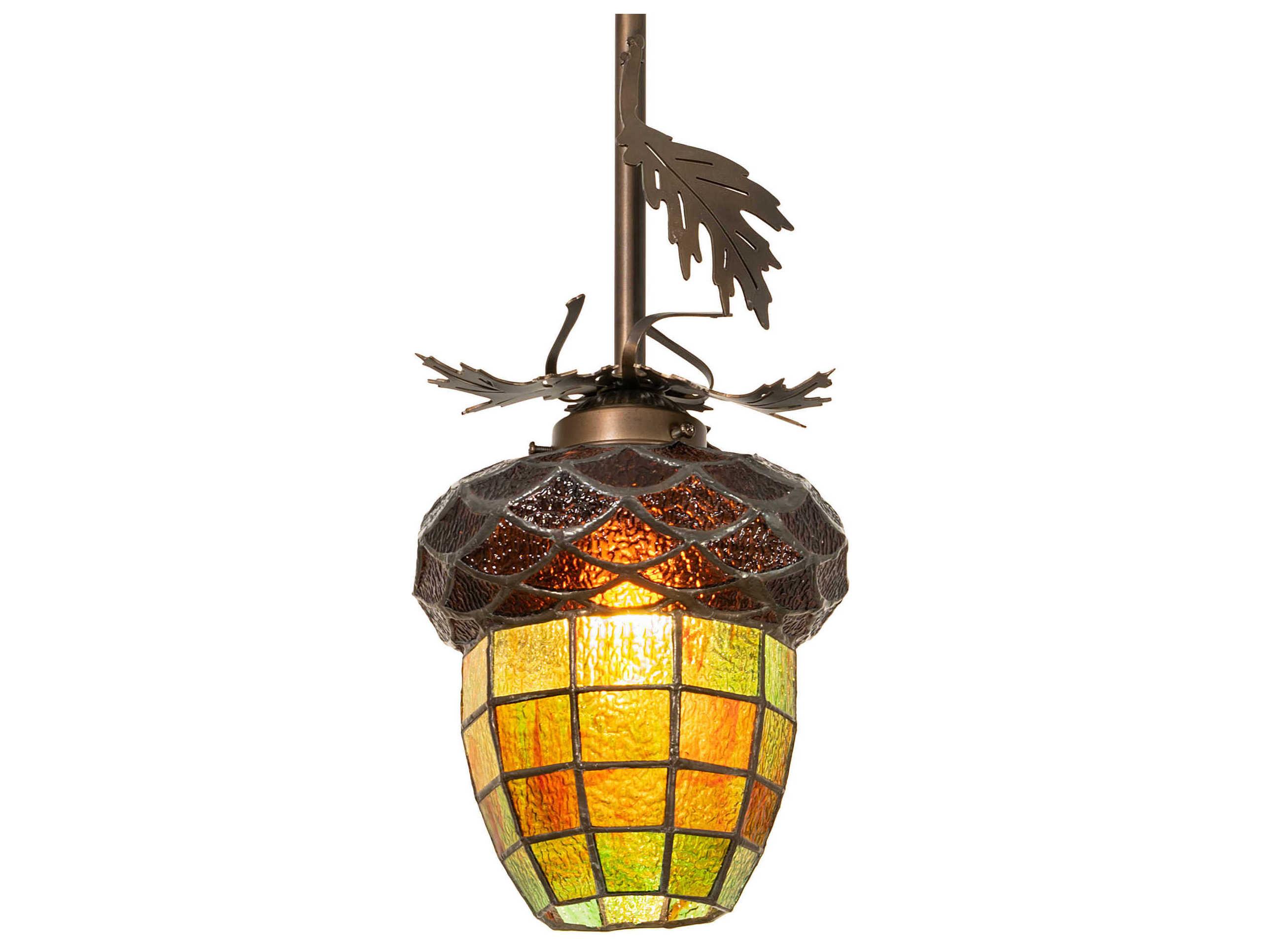 Meyda Greenbriar Oak 1-Light Antique Copper Glass Tiffany Mini Pendant