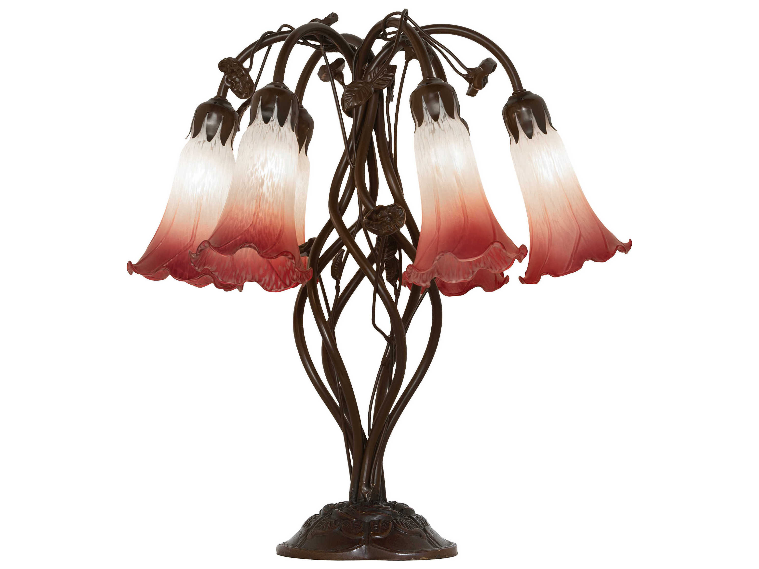 Meyda Pond Lily Mahogany Bronze Amber Glass Table Lamp with Pink White Shade