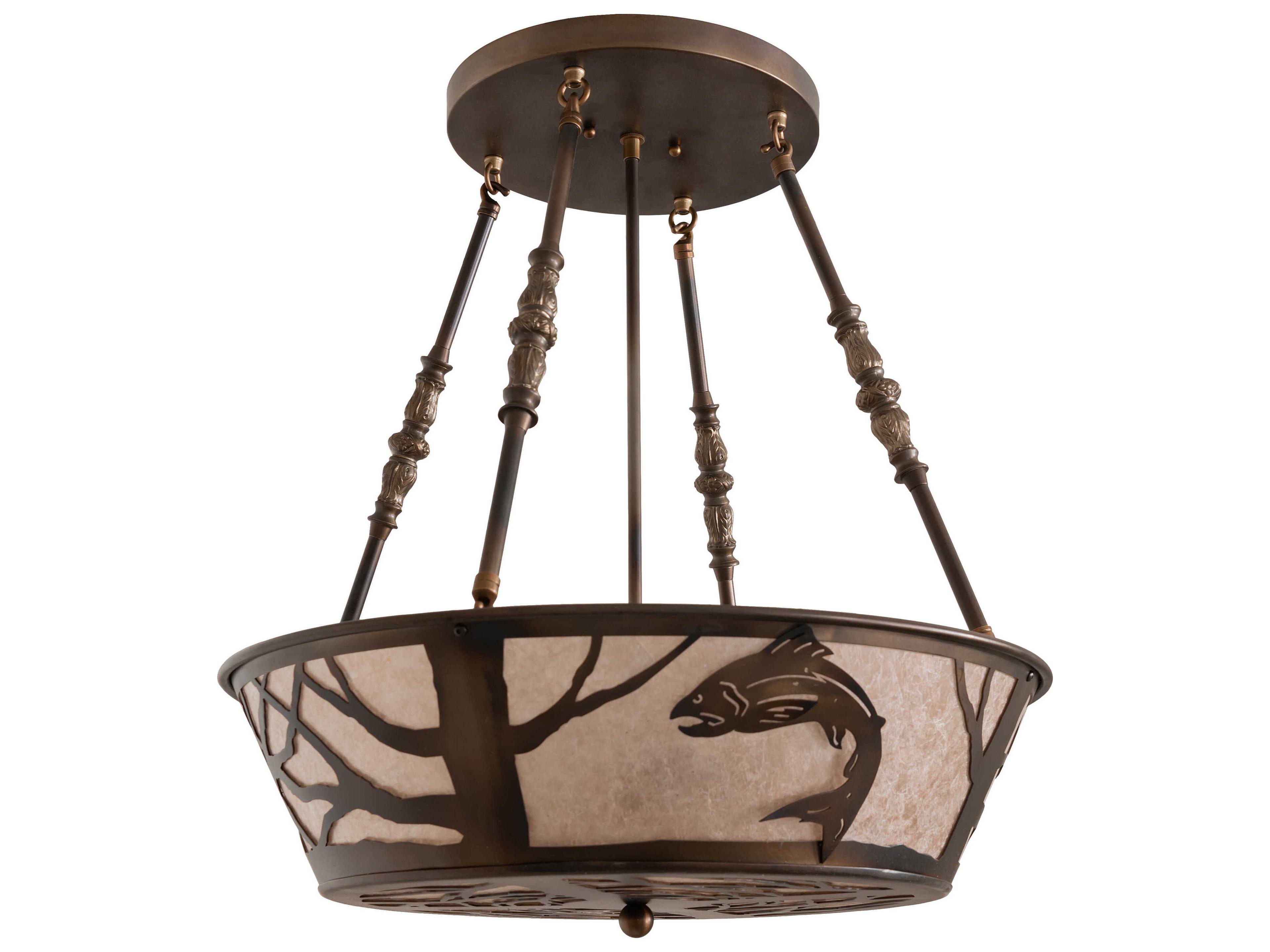 Meyda Leaping Trout 4-Light Antique Copper Burnished Glass Bowl Semi Flush Mount