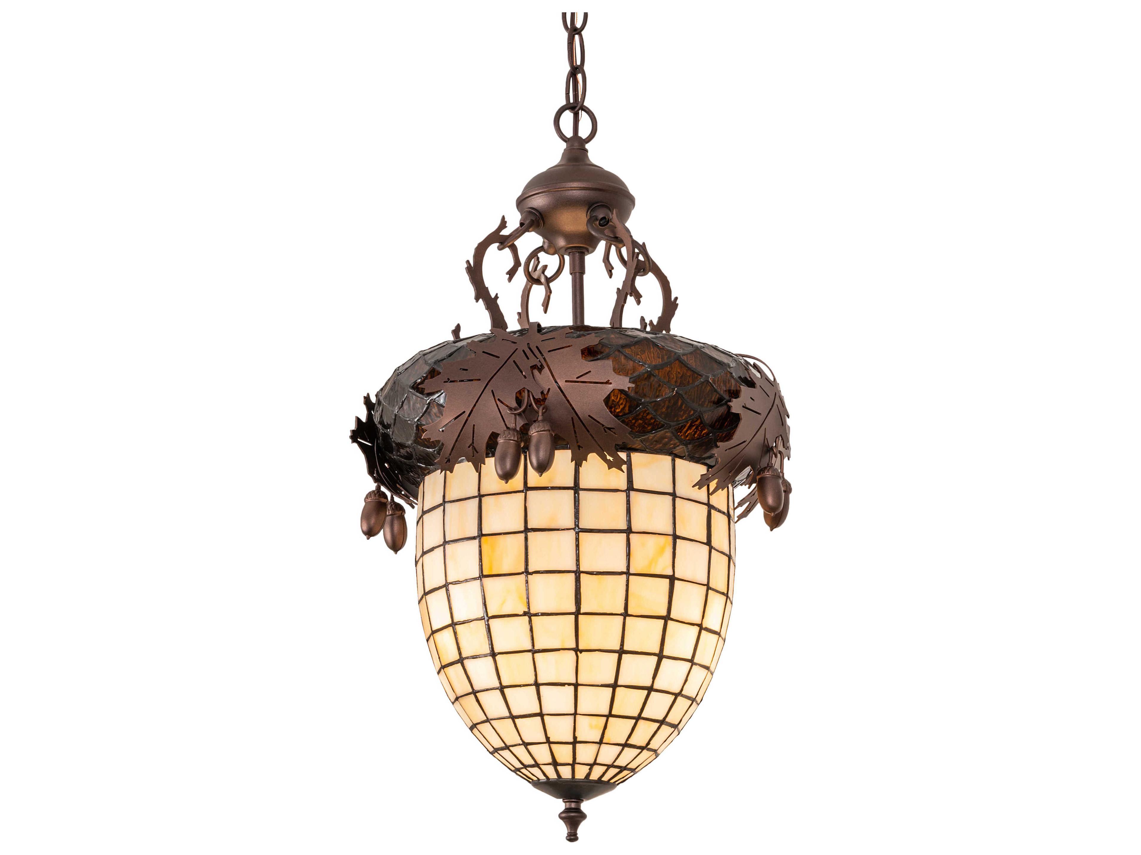 Meyda Oak Leaf & Acorn 3-Light Mahogany Bronze Brown Glass Tiffany Pendant